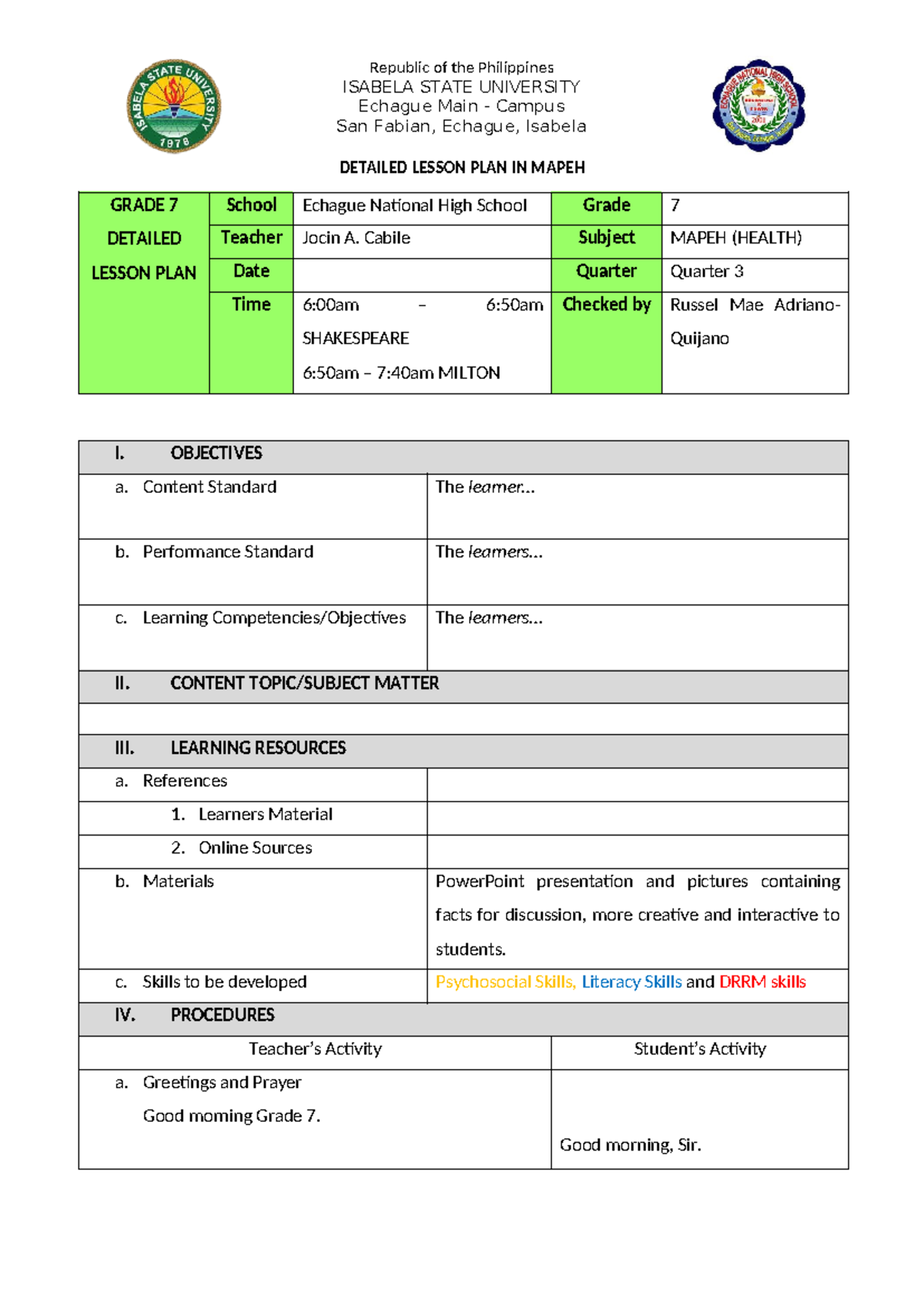 Detailed Lesson Plan in MAPEH for Grade 7 - Quarter 3 - Studocu