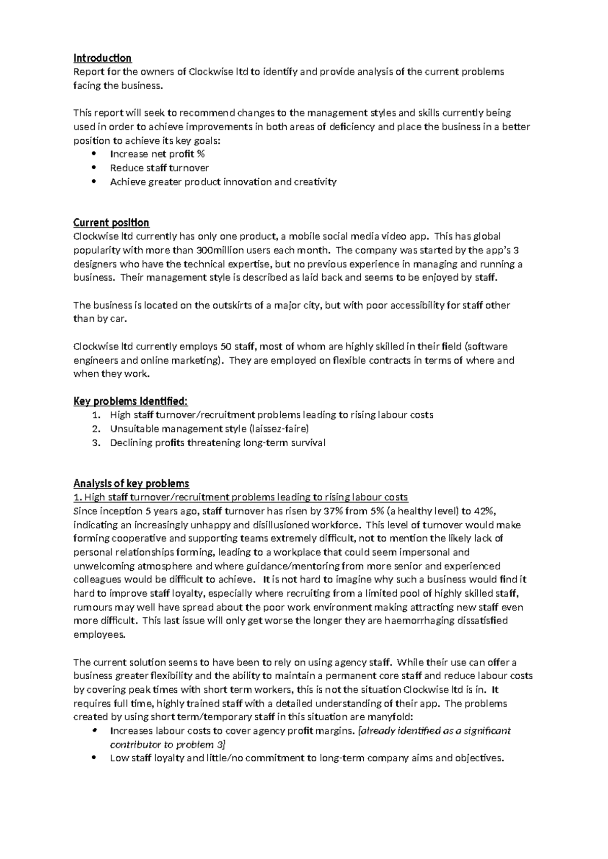 Analysis and Recommendations for Clockwise Ltd's Management Issues ...