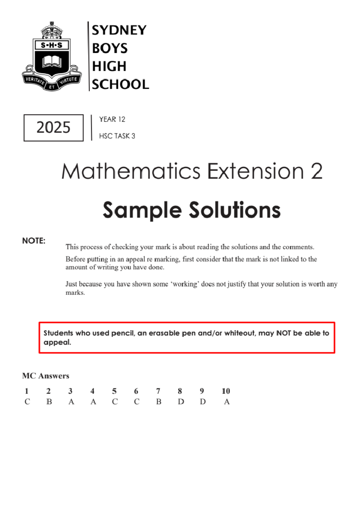 2025 SYDNEY BOYS HIGH HSC MATH EXT 2 TASK 3 SAMPLE SOLUTIONS - Studocu