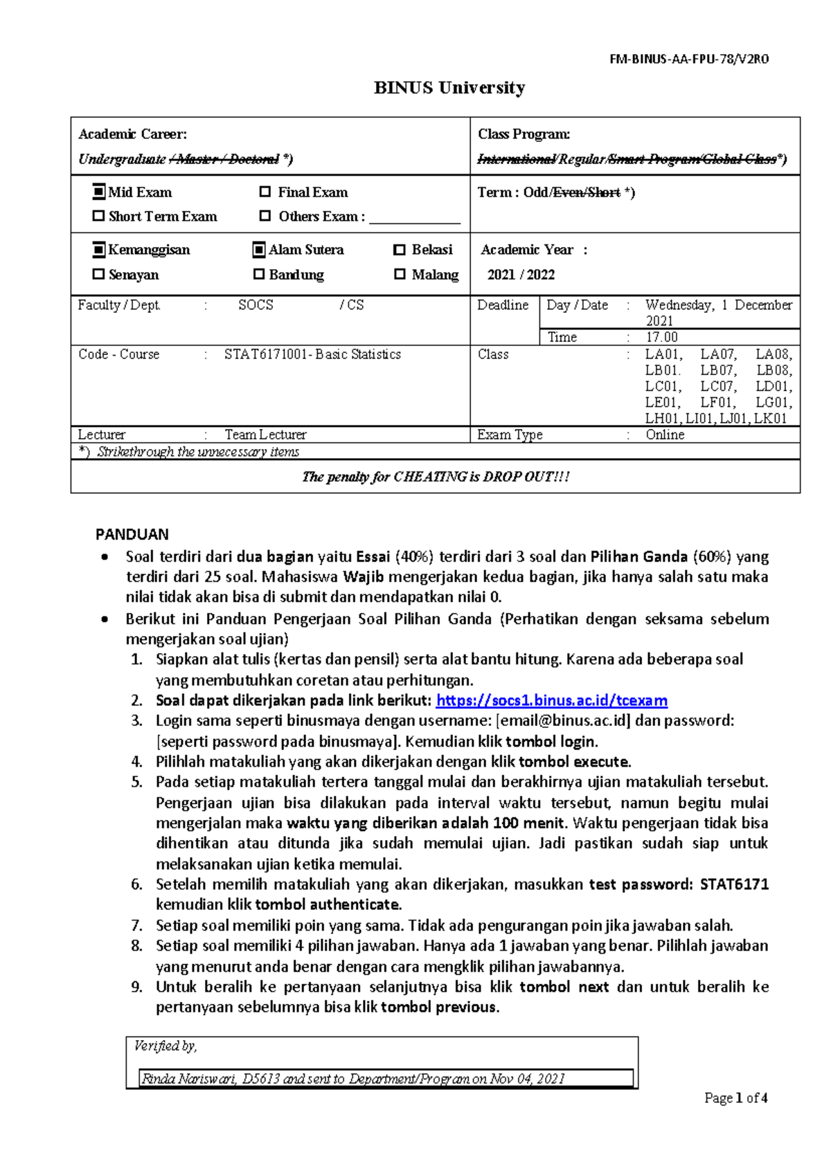 BINUS SOCS STAT6171 Mid Exam Guidelines for Basic Statistics - Studocu