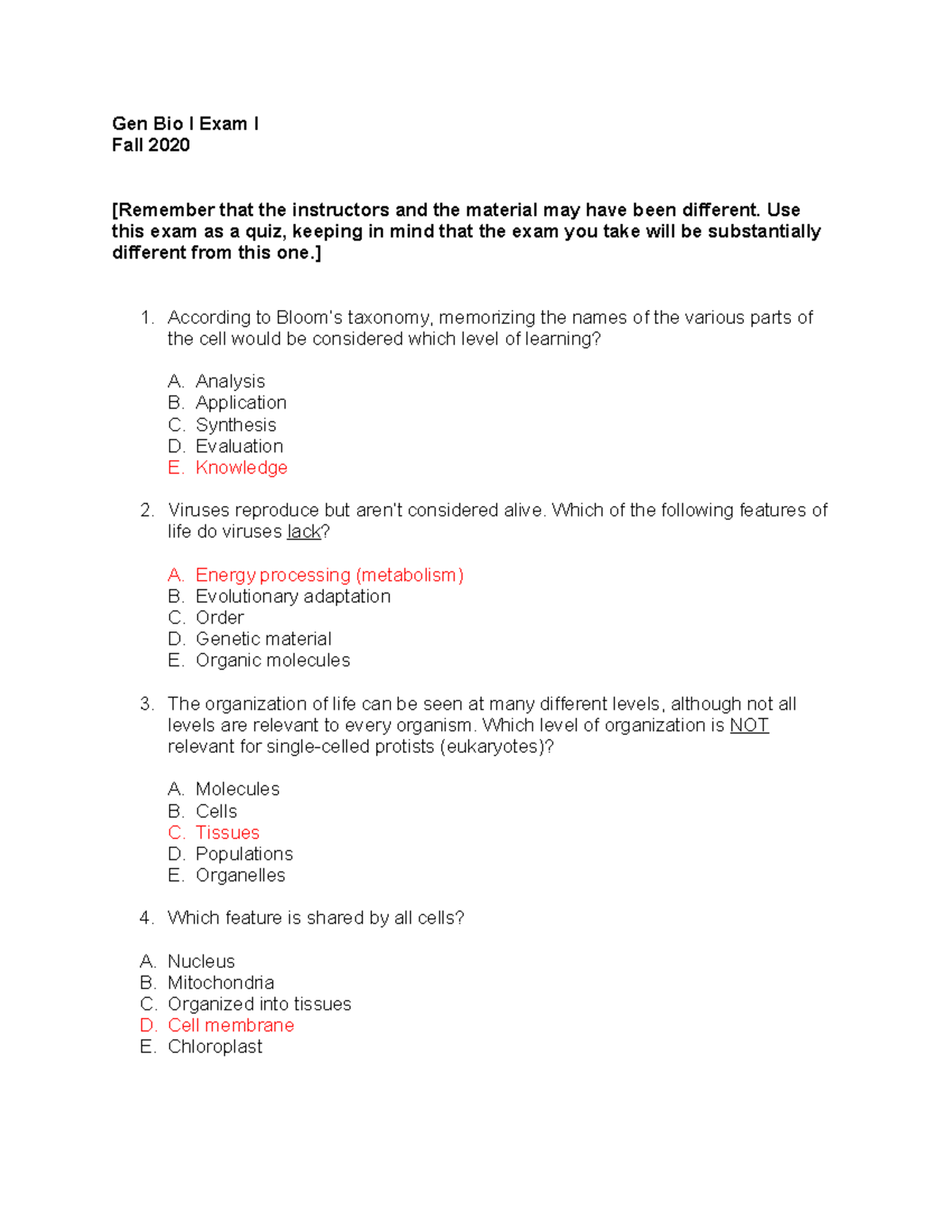 General Bio I Exam I Review Questions - Fall 2020 - Studocu