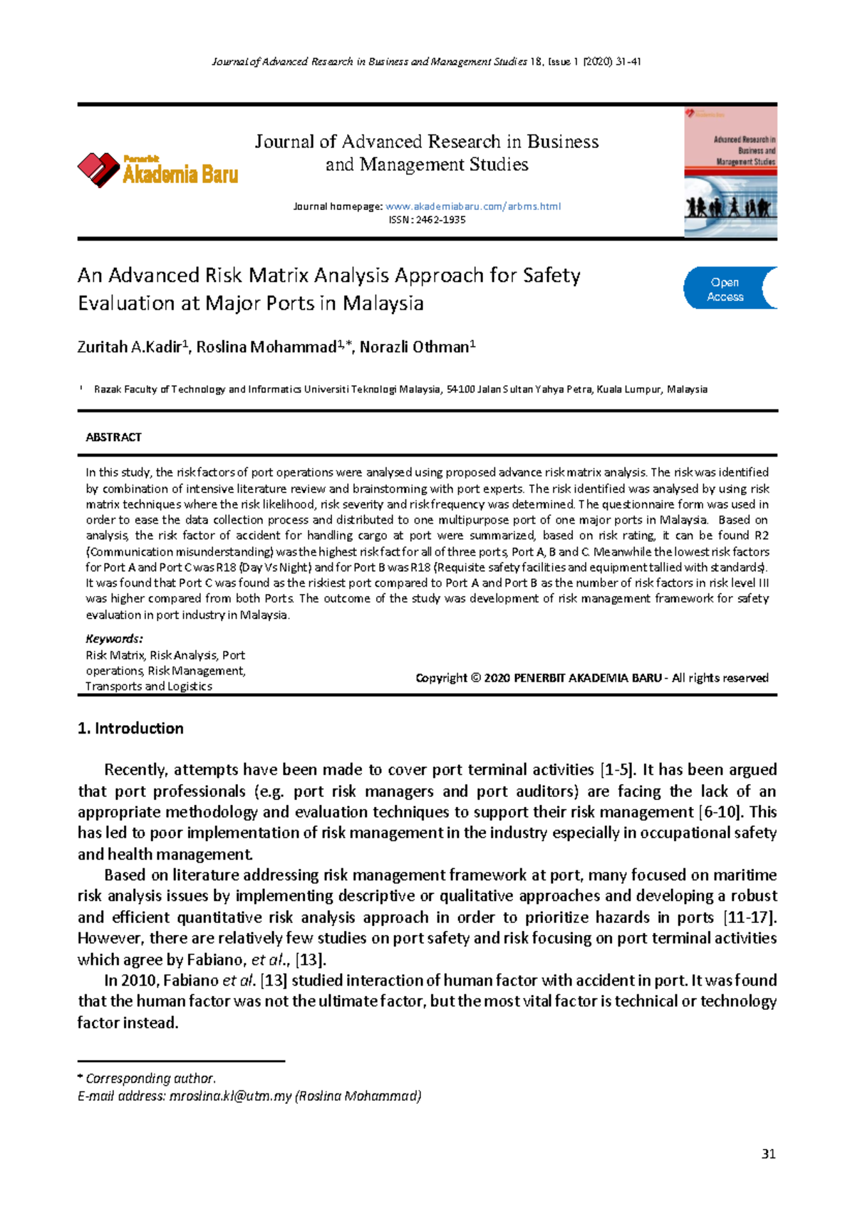 Advanced Risk Matrix Analysis for Safety Evaluation at Ports in ...