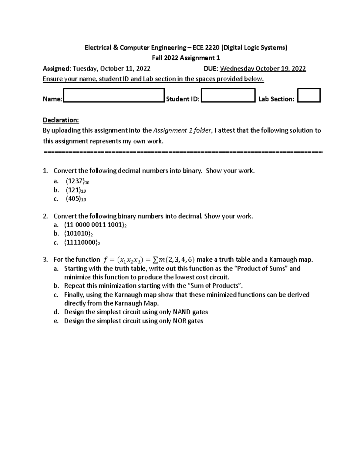 ECE2220 Digital Logic Systems Assignment 1 - Fall 2022 - Studocu