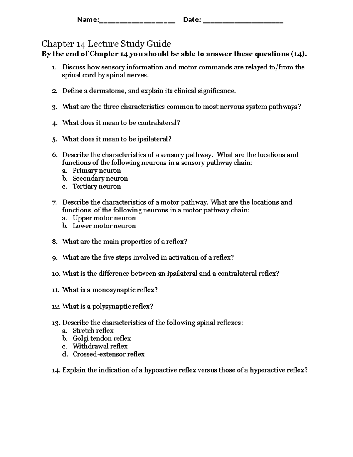 BIO101: Chapter 14 Lecture Study Guide on Nervous System Pathways - Studocu
