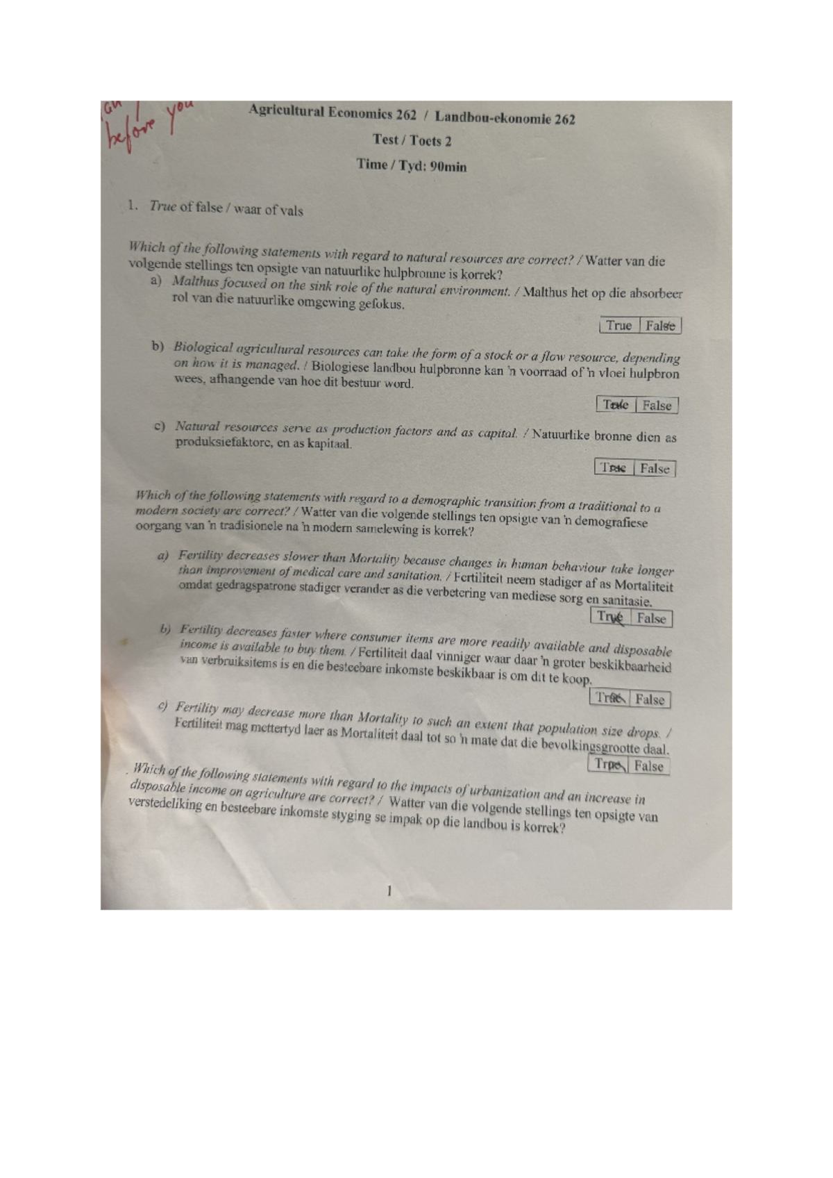 Agricultural Economics 262 Test Toets 2: True/False Questions ...