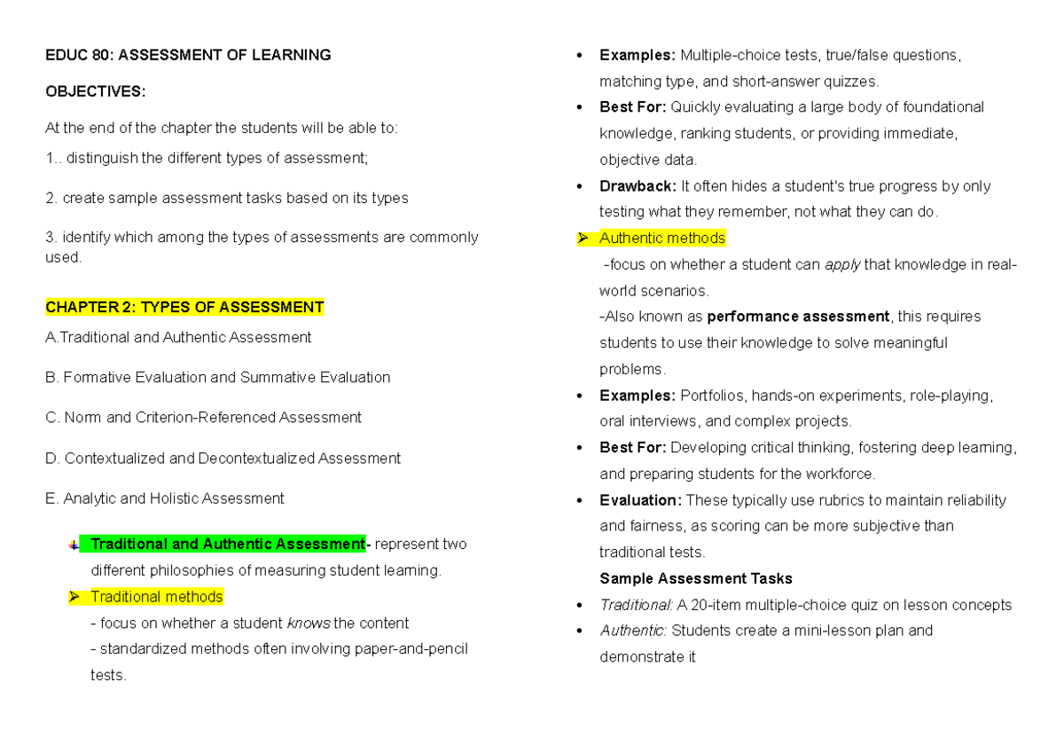 EDUC 80: Chapter 2 - Types of Assessment and Evaluation Methods - Studocu