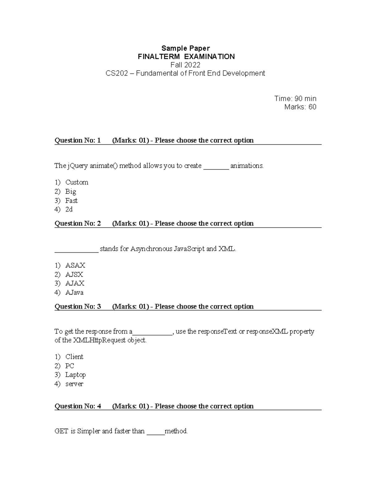 CS202 - Final Exam Sample Paper on Front End Development - Studocu