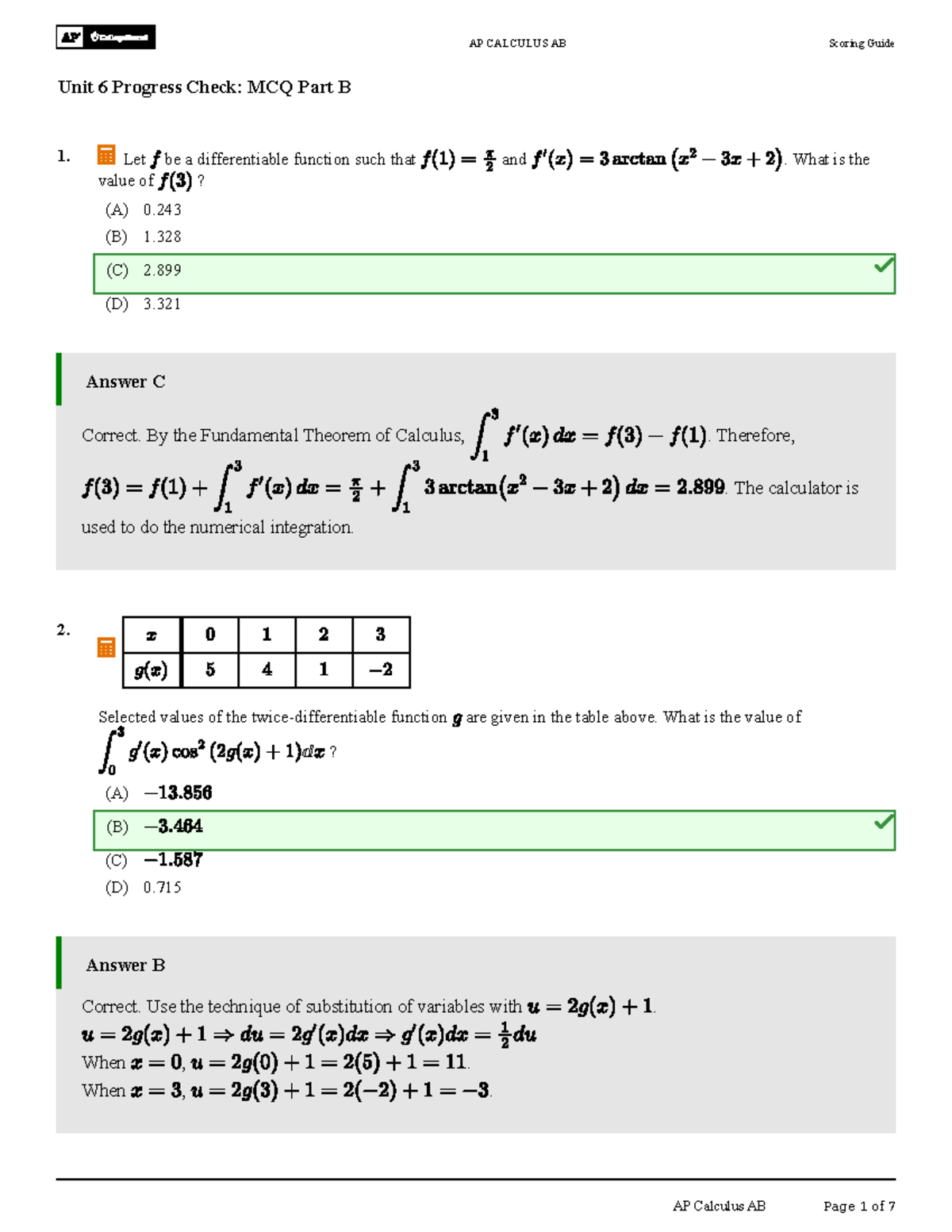AP CALCULUS AB Unit 6 Progress Check: MCQ Part B Guide - Studocu