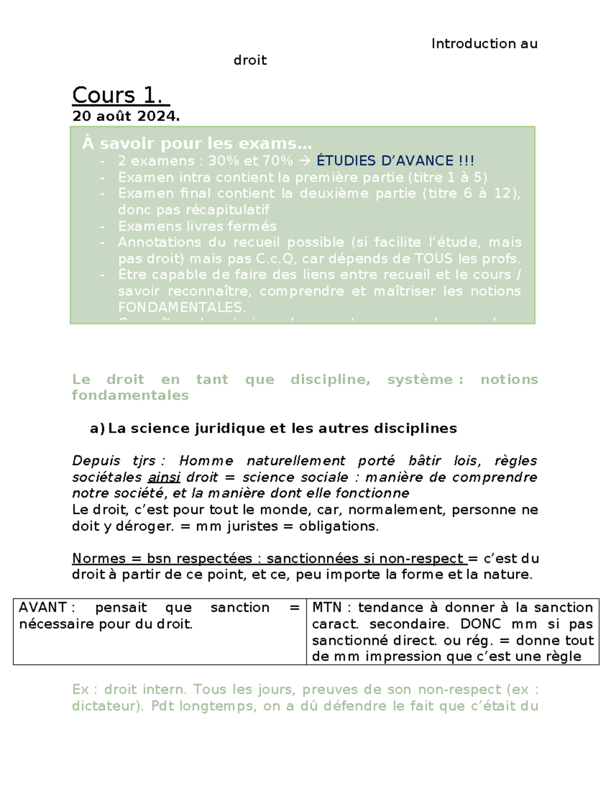 Notes de cours - droit Cours 1. 20 août 2024. Le droit en tant que ...