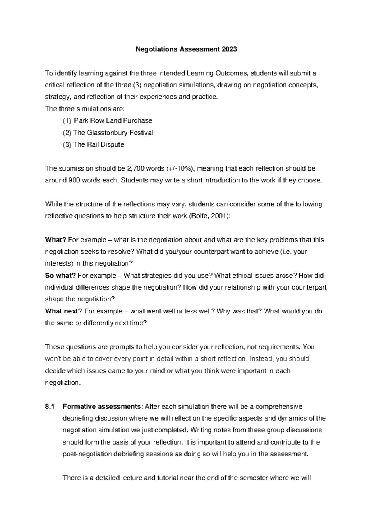 Negotiations Assessment 2023: Critical Reflection on Simulations - Studocu
