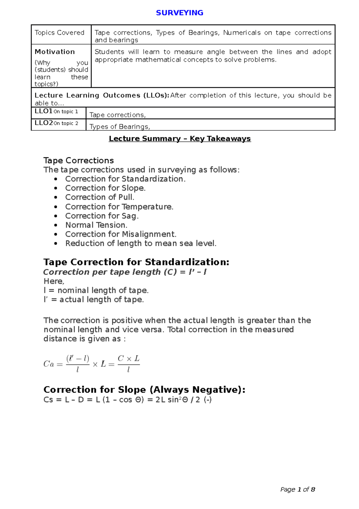 Surveying-Linear measurements - Topics Covered Tape corrections, Types ...