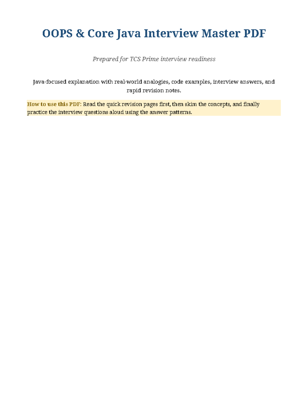 OOPS Java TCS Prime Interview Prep: Concepts & Practice Guide - Studocu
