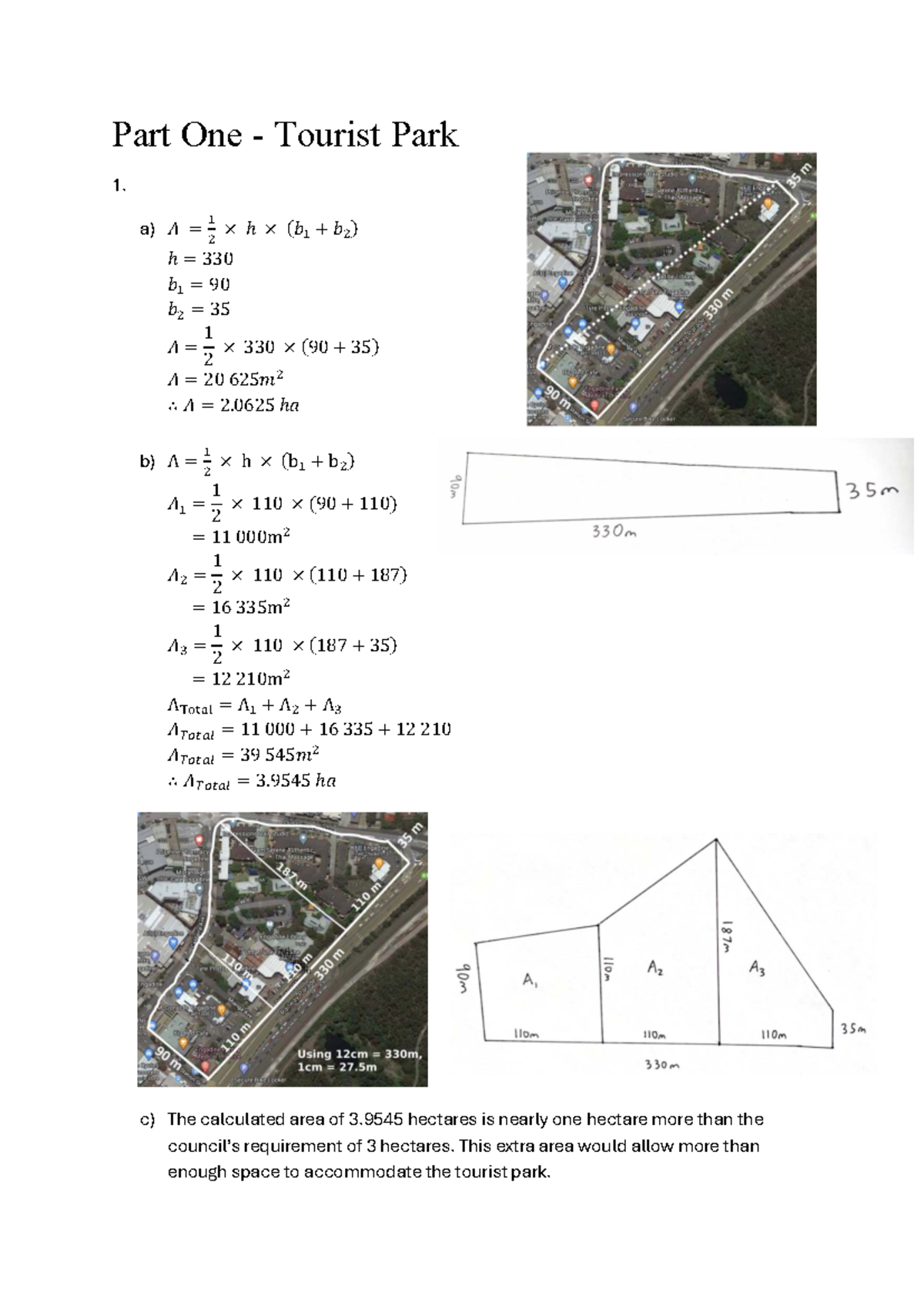 Maths Adv Assignment 1: Tourist Park Area Calculations & Statistics ...