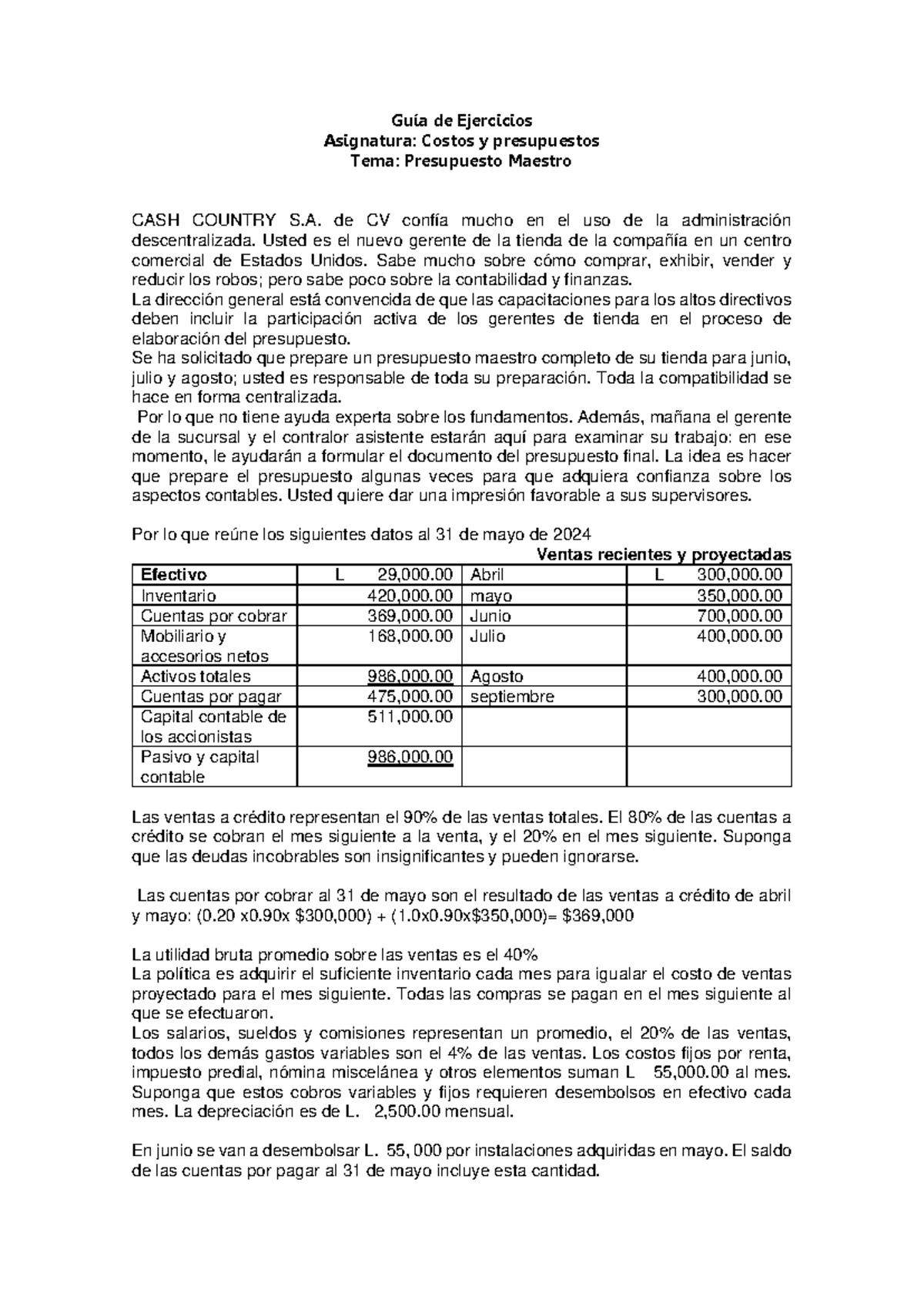 Ejercicios Presupuesto Maestro - Costos y Presupuestos 2024 - Studocu