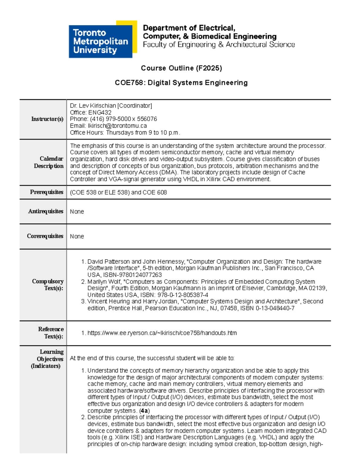 COE758 F2025: Digital Systems Engineering Course Outline - Studocu