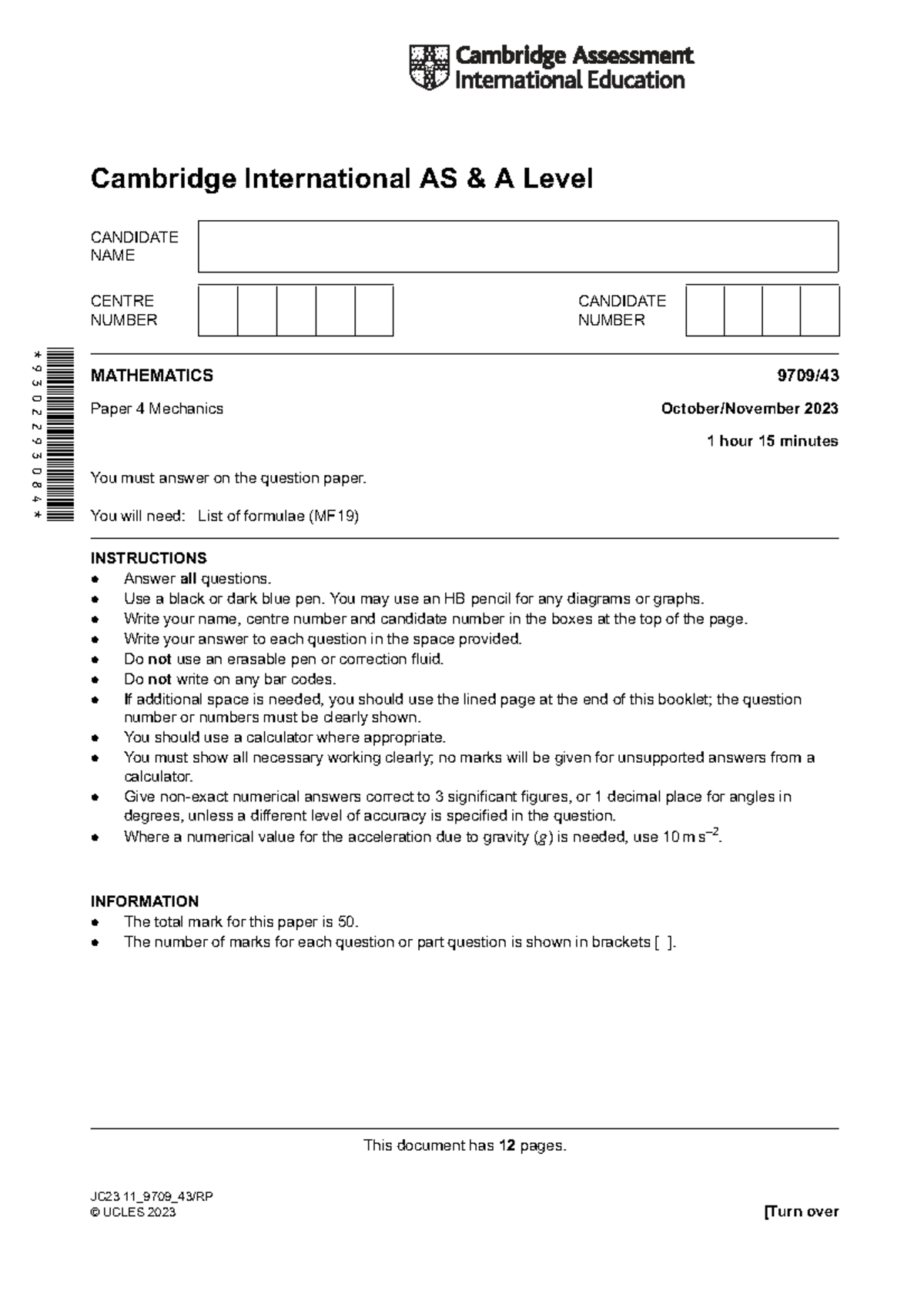 M1 23-24 Mathematics Paper 4 Mechanics Question Paper - Studocu