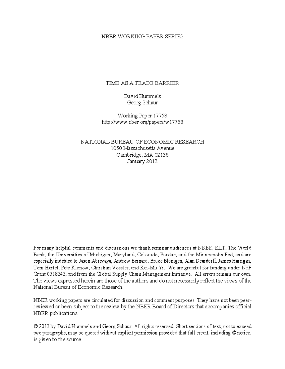 NBER Working Paper 17758: Time as a Trade Barrier Analysis - Studocu