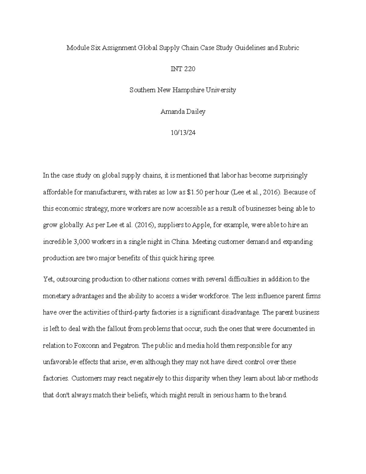 INT 220 Module 6 Global Supply Chain Case Study Guidelines & Rubric ...
