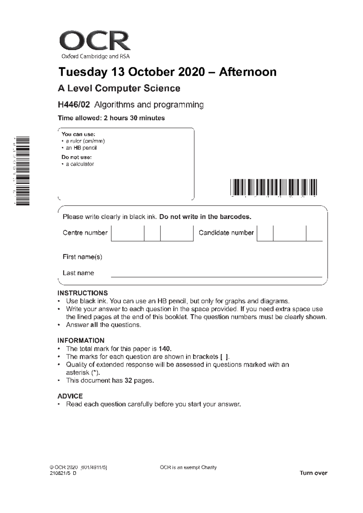 OCR A Level Computer Science P2 Exam Paper Analysis - 2020 - Studocu