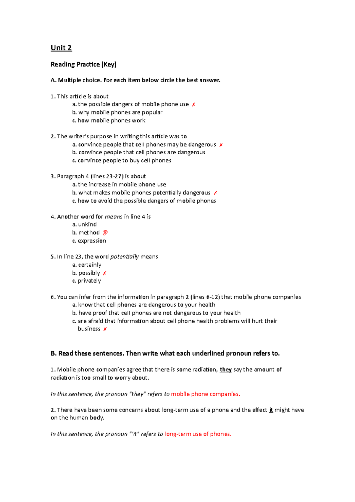 Reading Practice 2 (Key) - Unit 2 Reading Practice (Key) A. Multiple ...