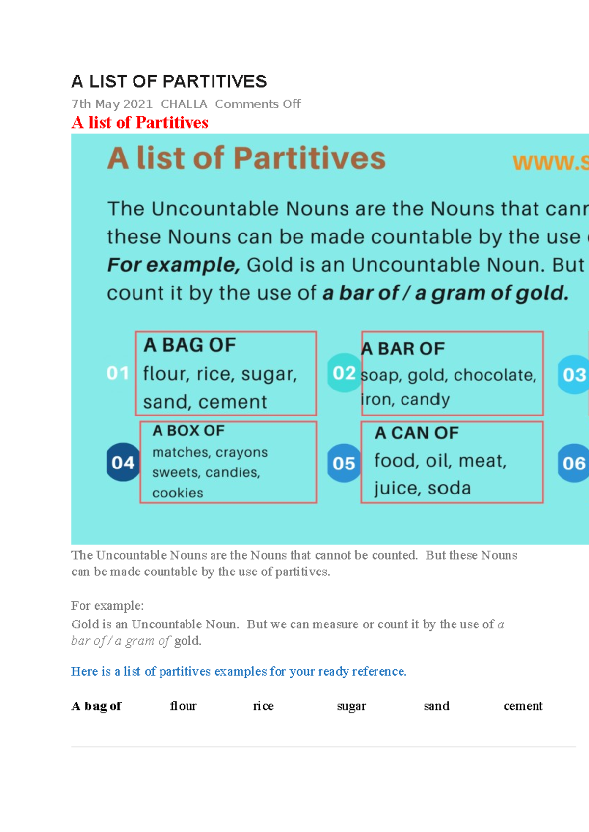 Partitives Overview: Uncountable Nouns and Their Quantifiers - Studocu