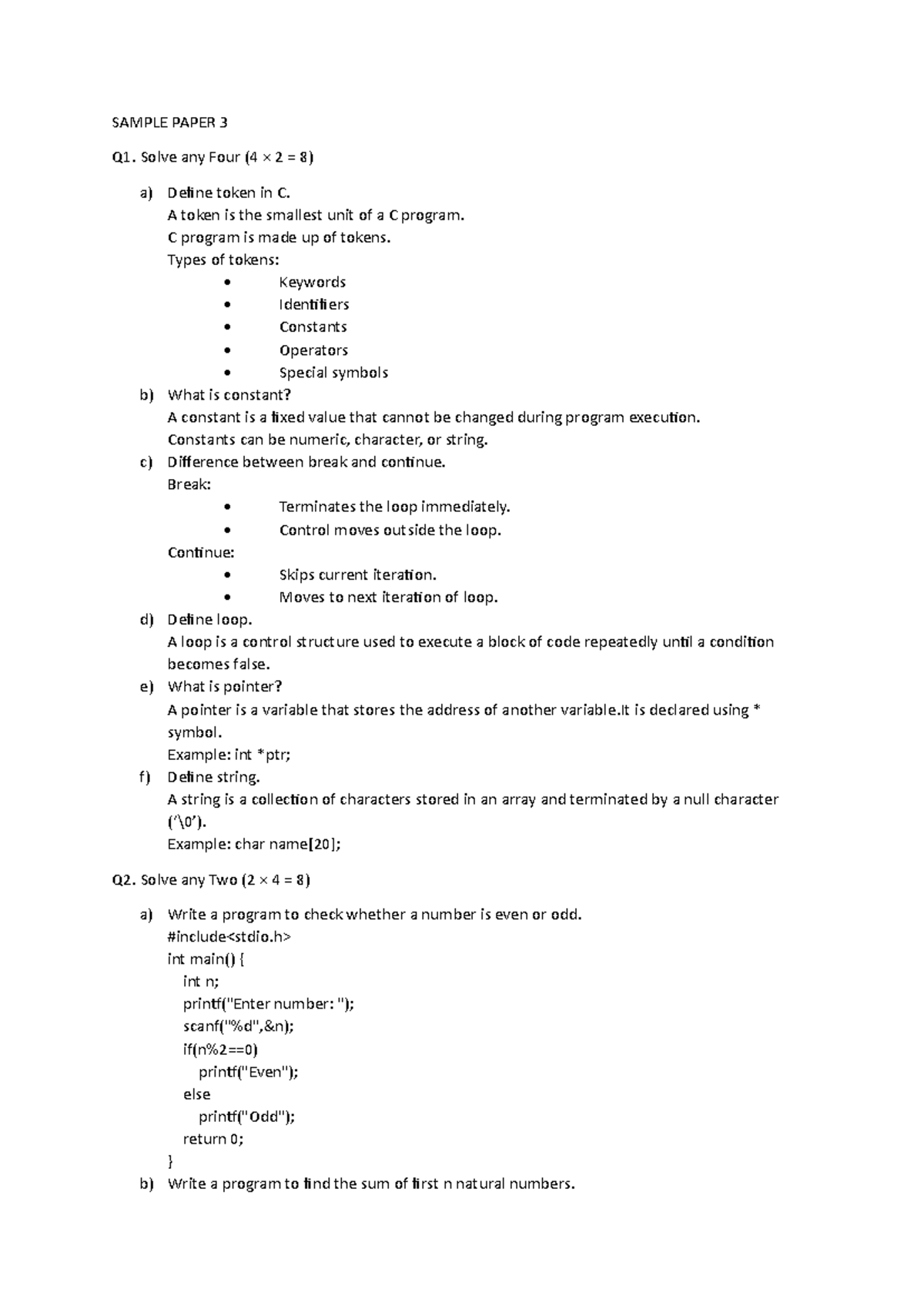 Sample Paper 3: C Programming Concepts and Exercises - Studocu