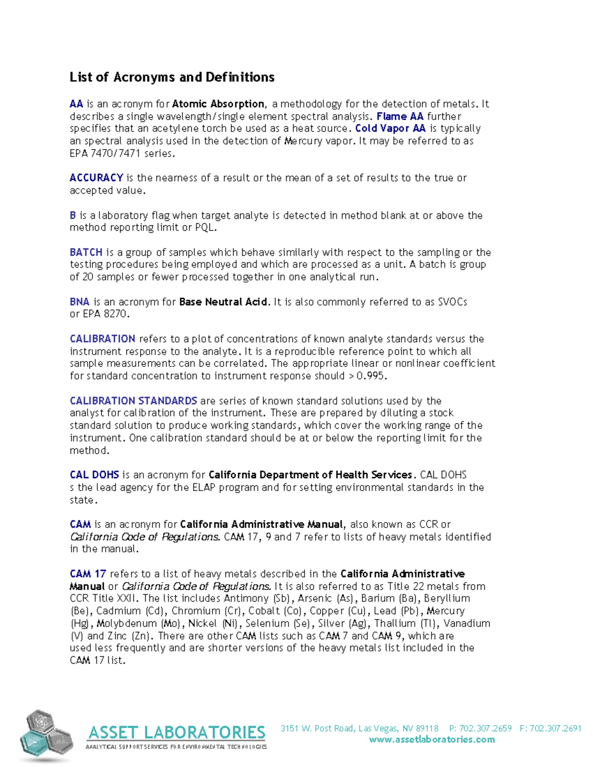 Lab-acronyms - SMJC 4353 - 3151 W. Post Road, Las Vegas, NV 89118 P ...