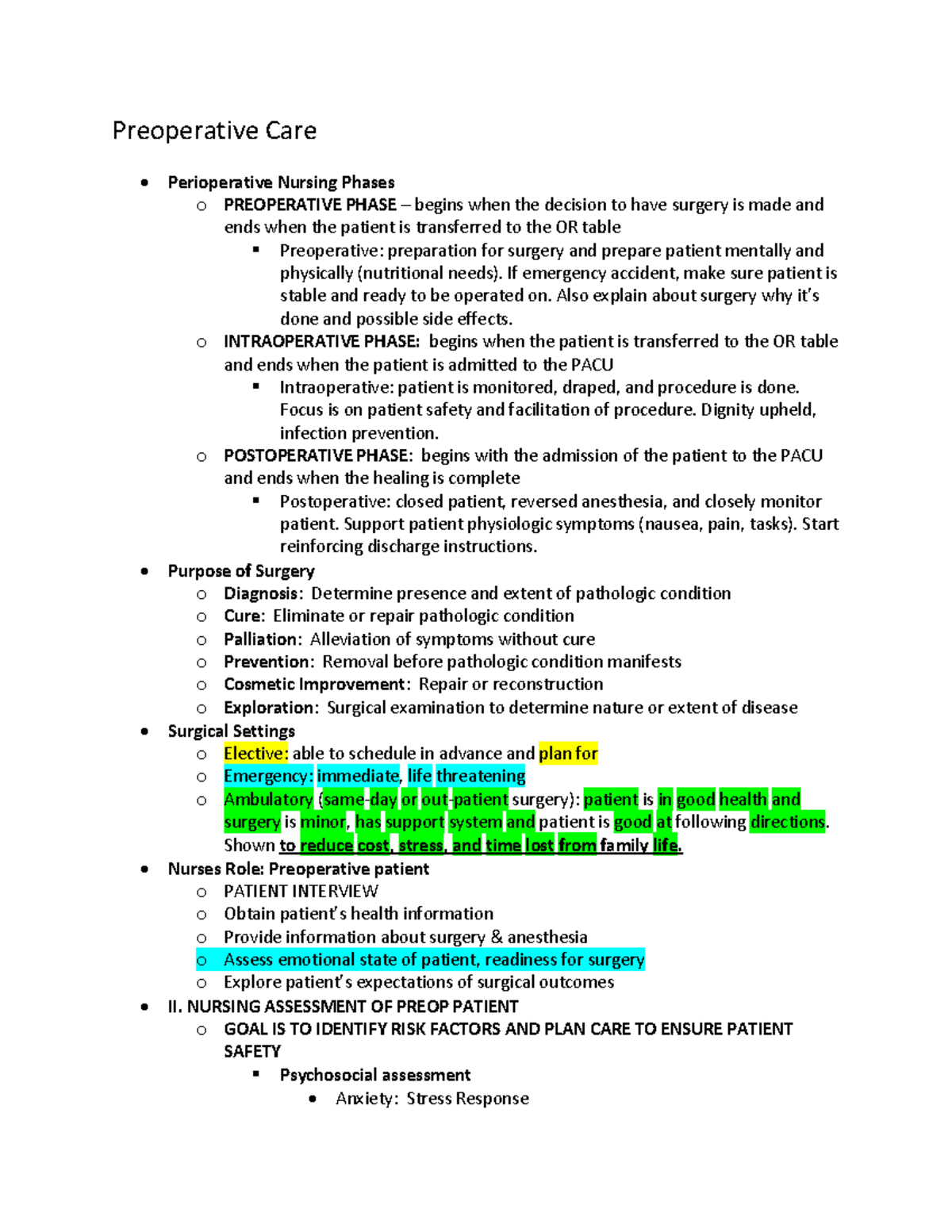 Med Surge 1: Comprehensive Study Guide on Perioperative Nursing - Studocu