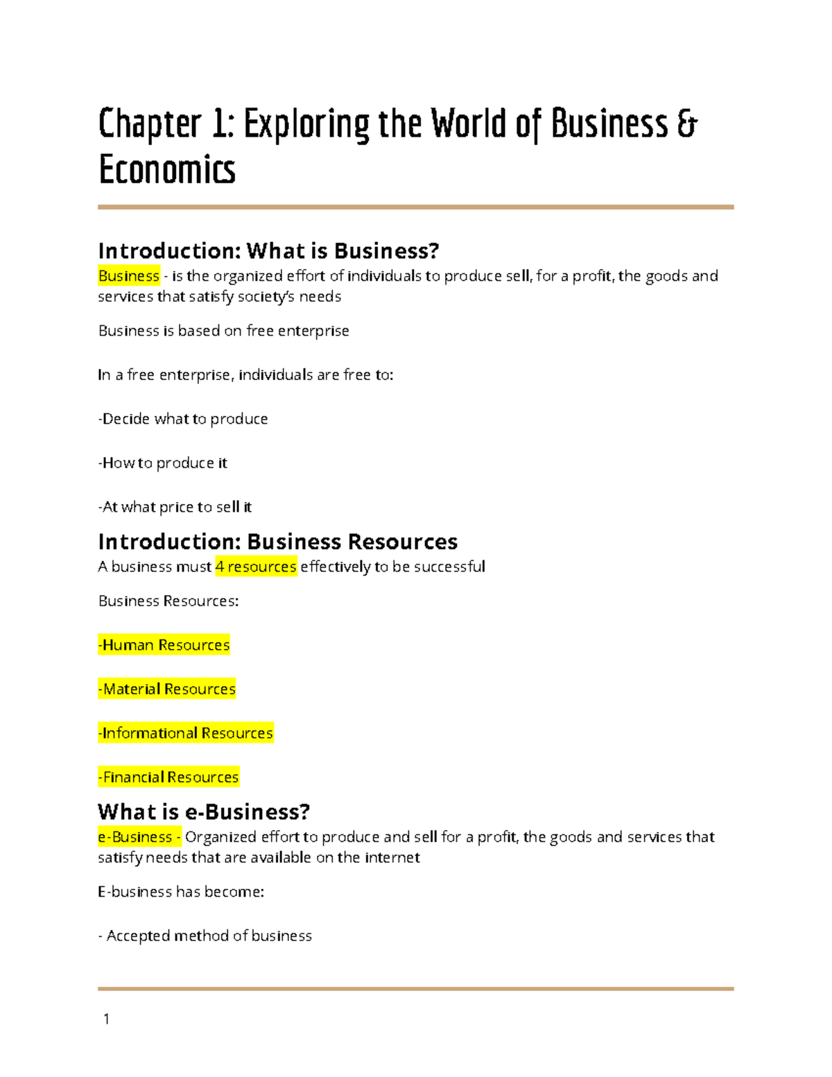 Chapter 1 Exploring the World of Business and Economics - Studocu