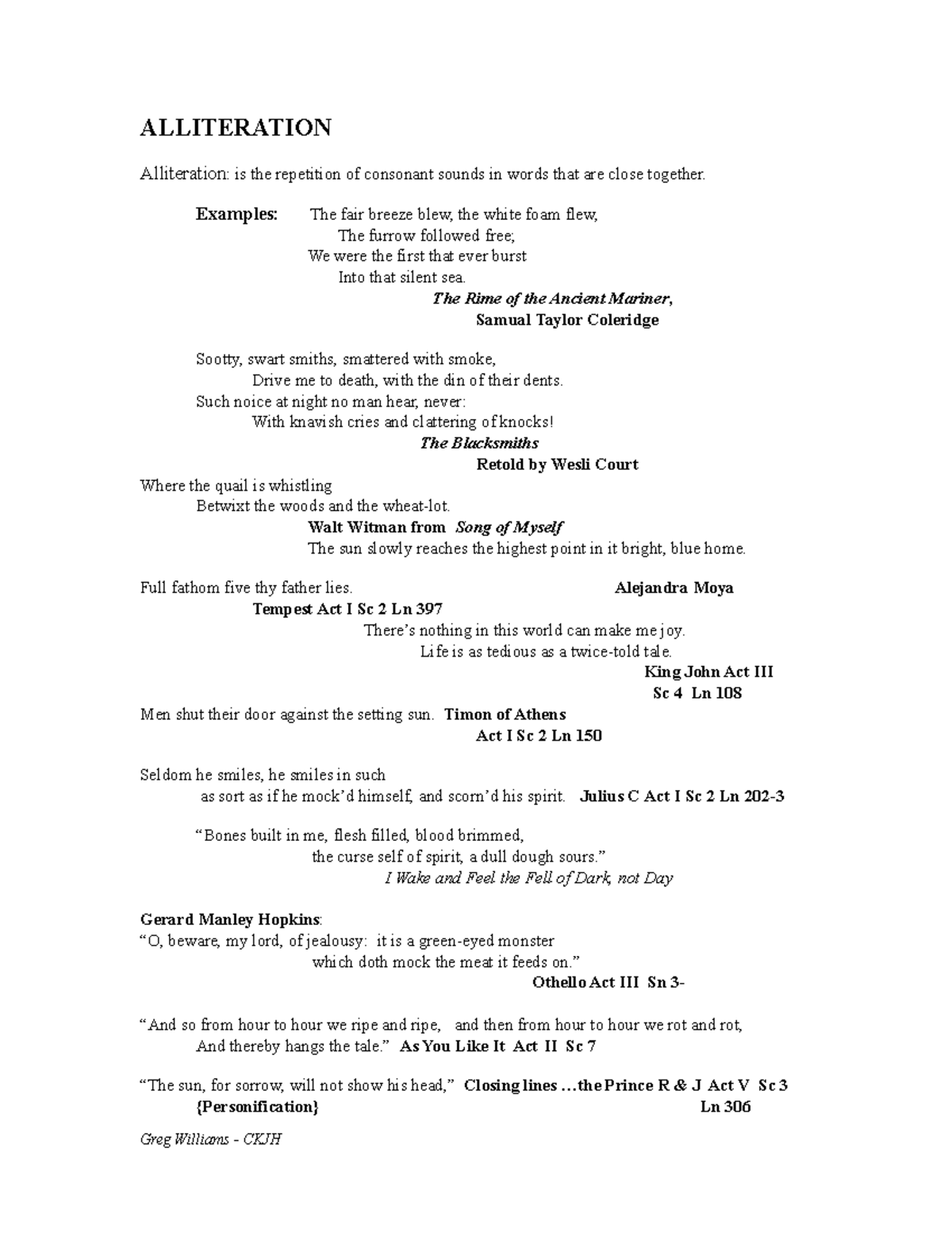 Alliteration Examples and Analysis for CKJH Course - Studocu