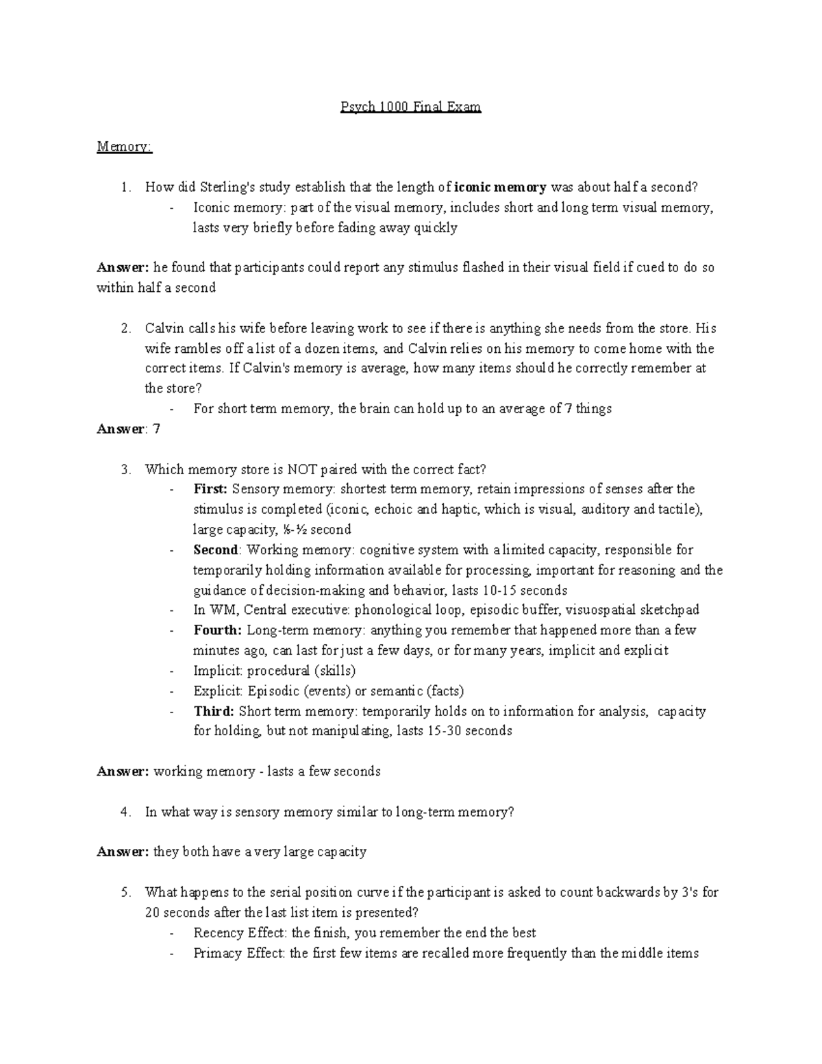 Psych 1000 Final Exam Study Guide - Memory, Development & Social ...