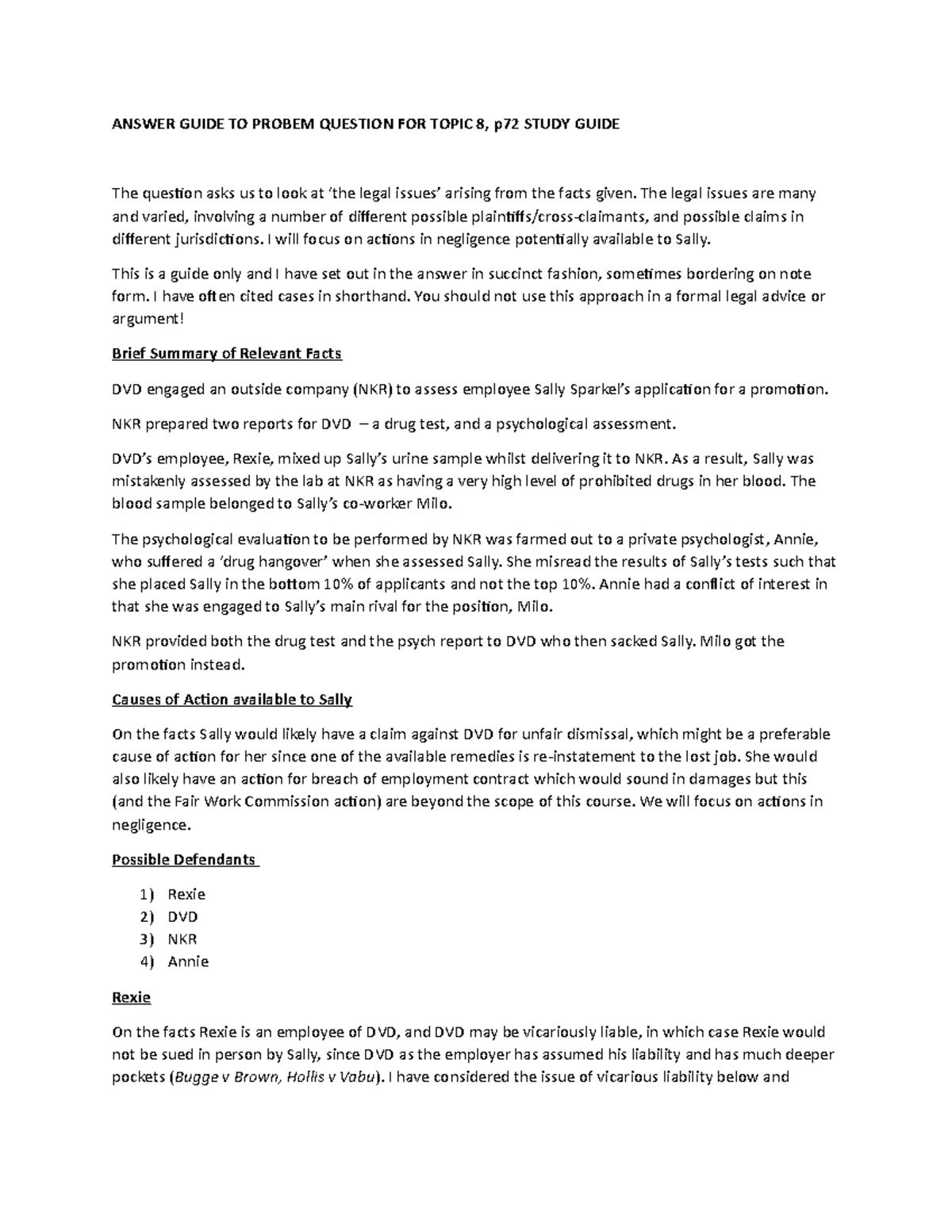 Guide to Problem Question Topic 8 Study Guide - ANSWER GUIDE TO PROBEM ...