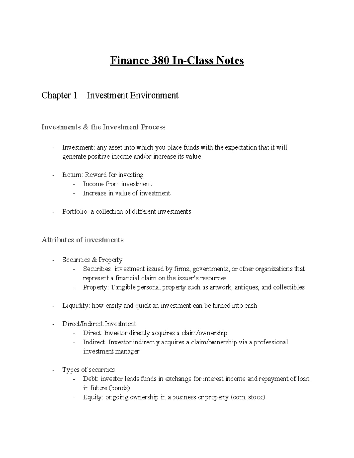 Finance 380 In-Class Notes: Overview of Investment Environment - Studocu