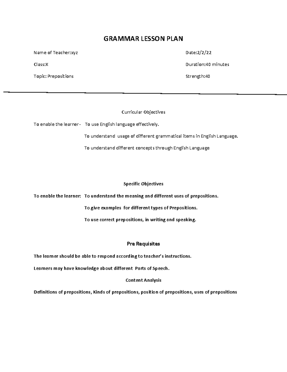 Grammar lesson plan - Study - GRAMMAR LESSON PLAN Name of Teacher:xyz ...
