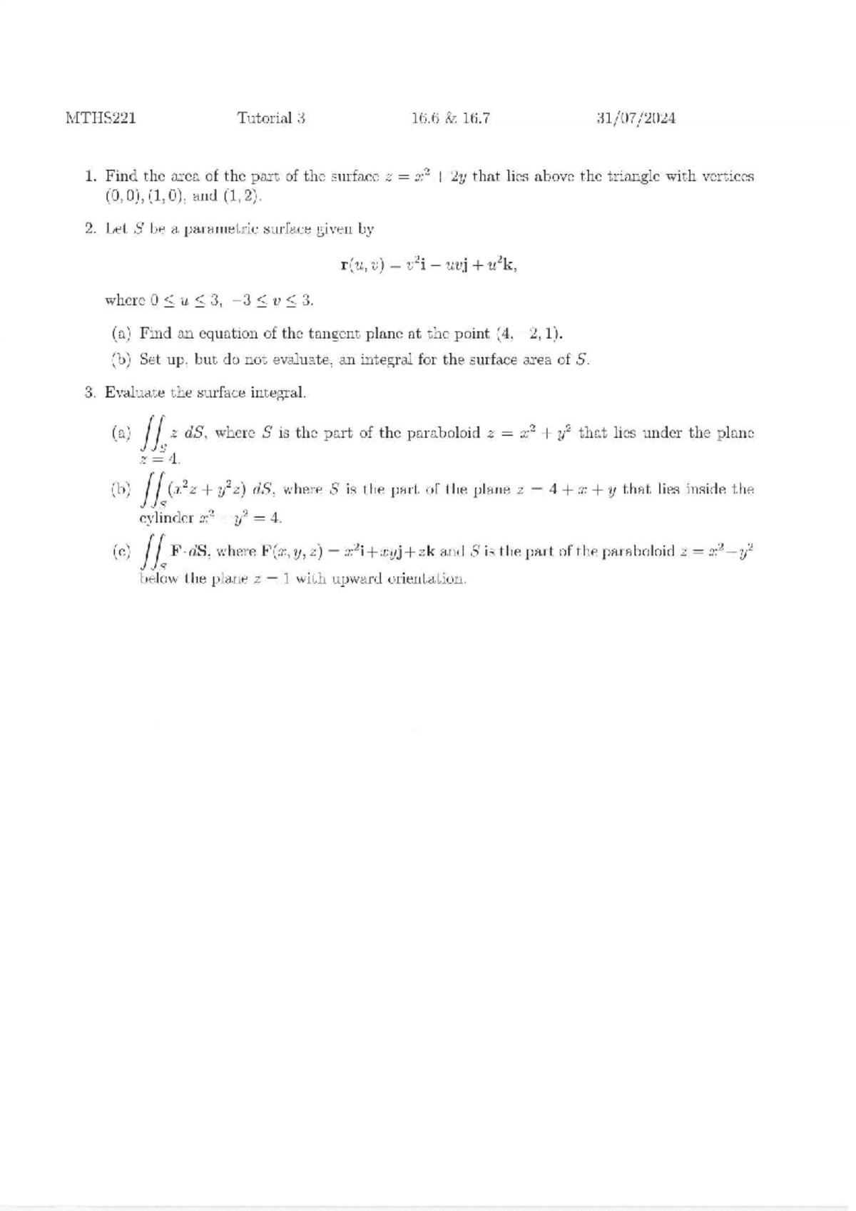 MTHS221 Tutorial 3 2024 Surface Area and Integral Solutions - Studocu