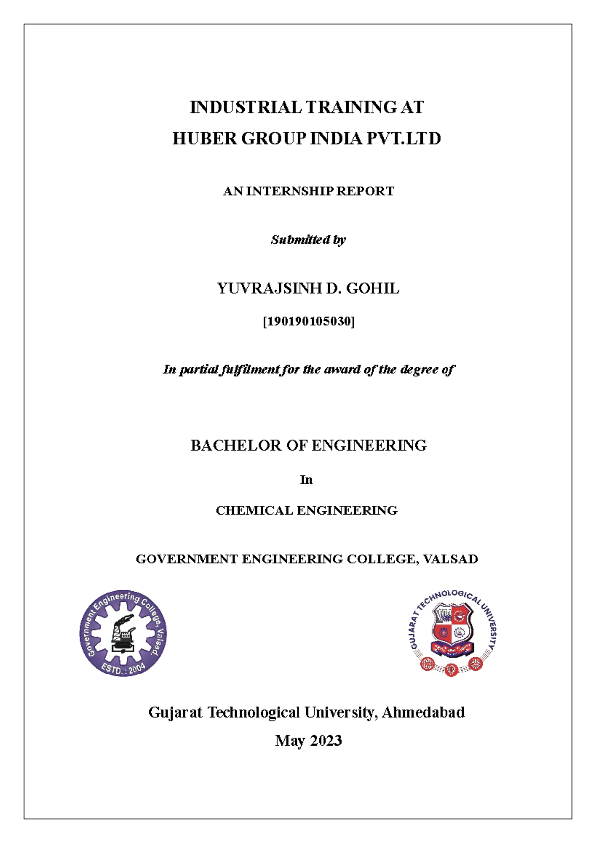 Final Report on Industrial Training at Huber Group (B.E. 8th Sem) - Document Preview