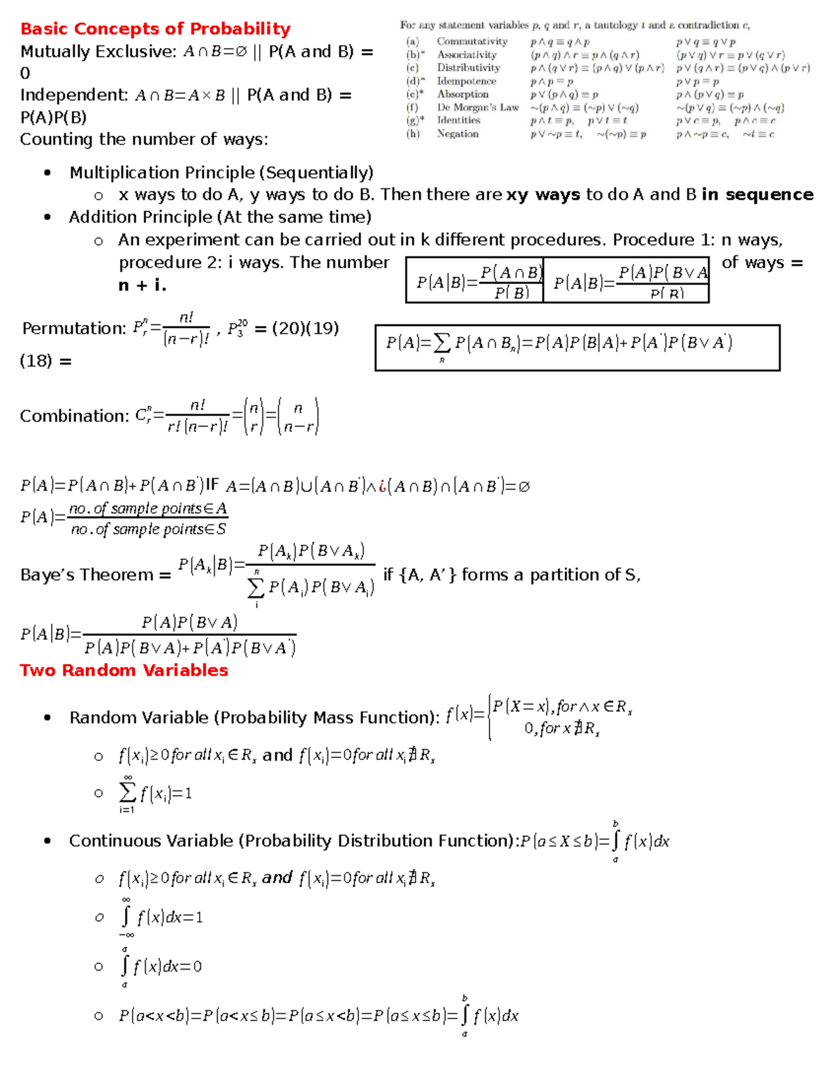 ST2334 Midterm Cheatsheet: Basic Concepts of Probability - Studocu