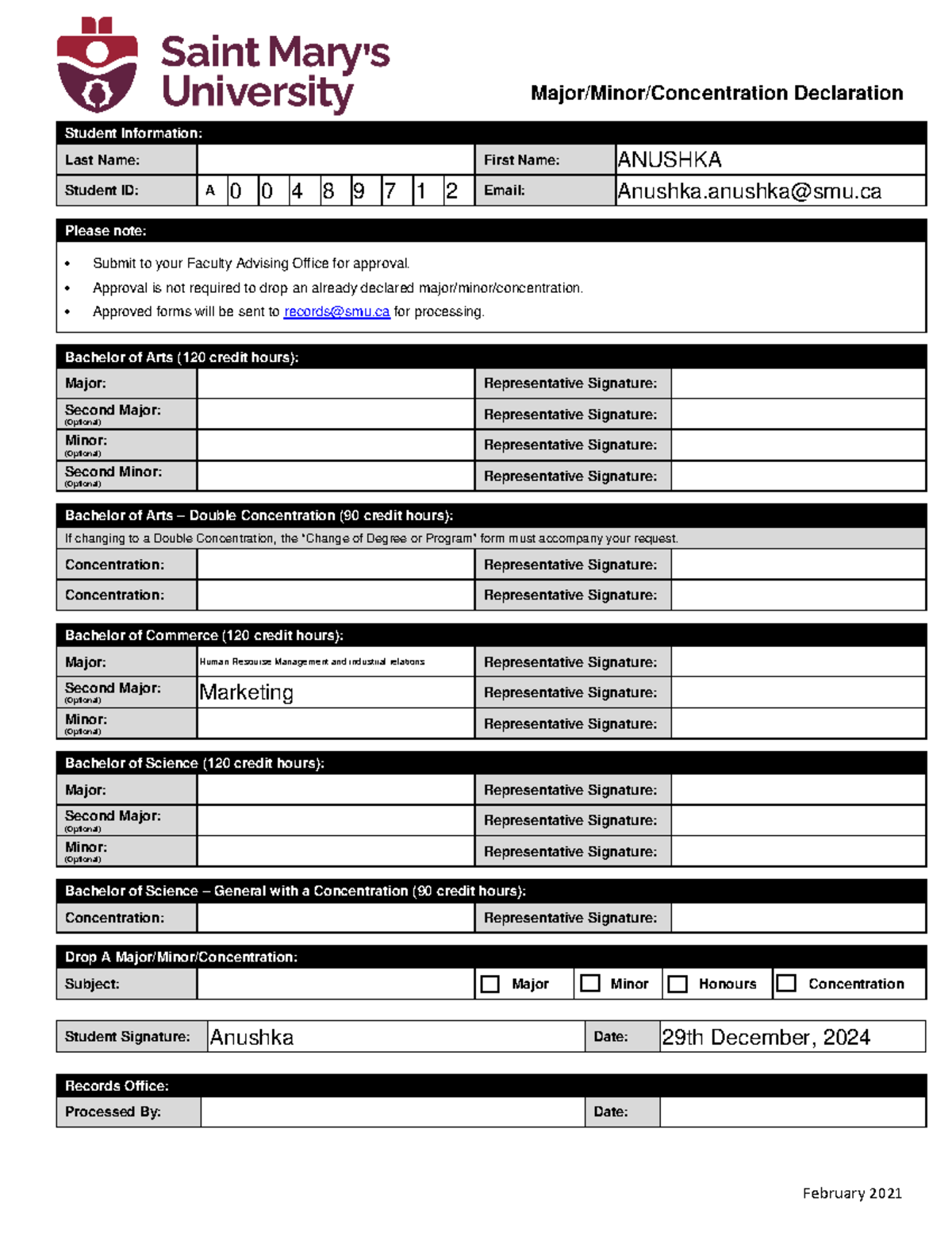 Major Minor Declaration - February 2021 Major/Minor/Concentration ...