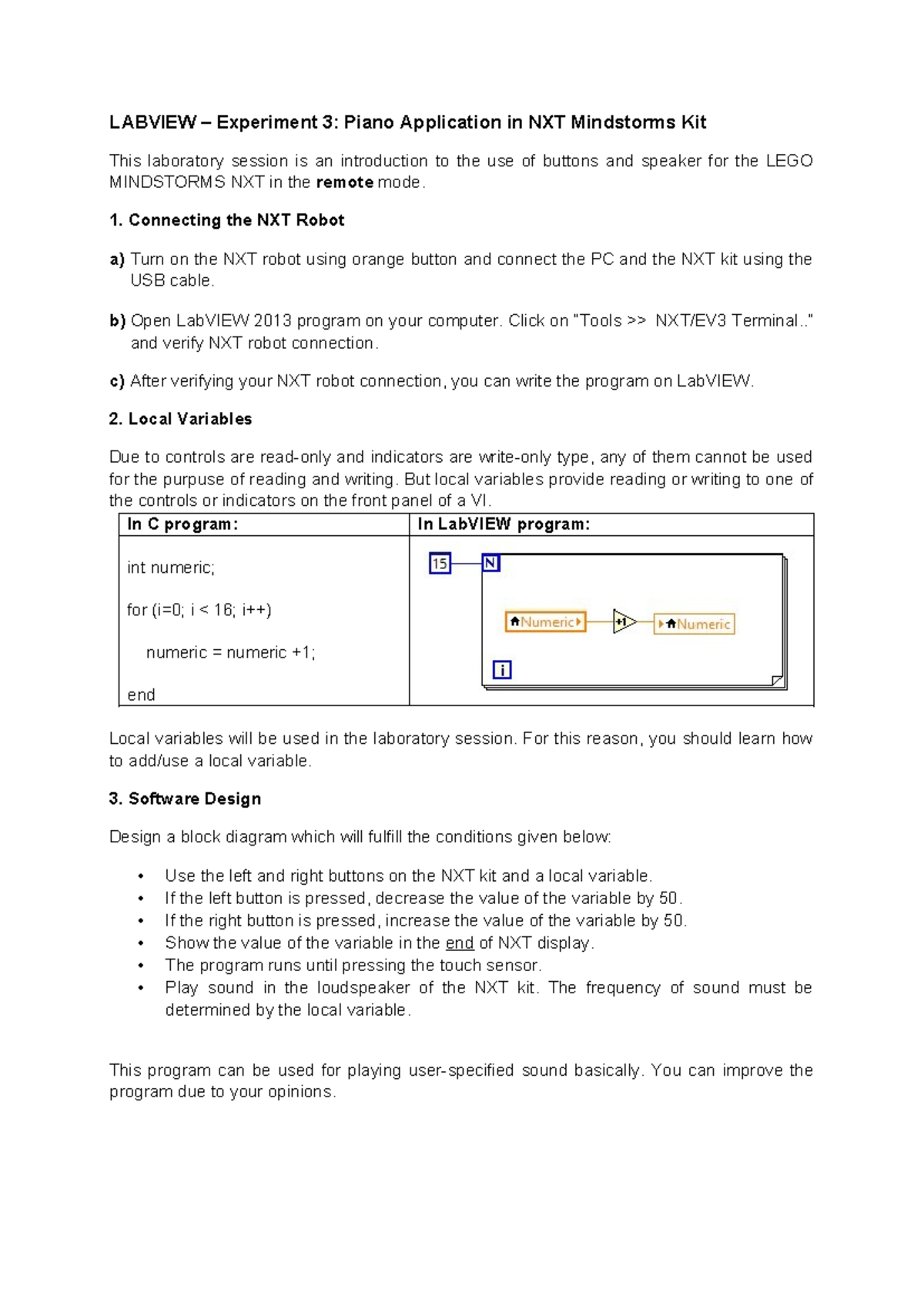 LABVIEW Experiment 3: Piano App with NXT Mindstorms Kit - Studocu