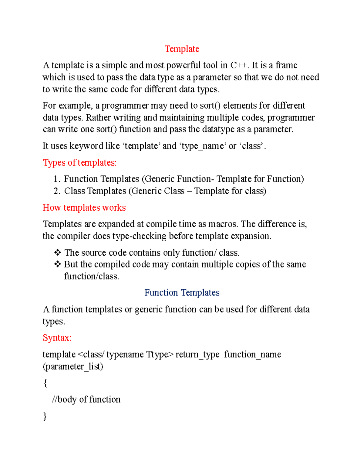 C++ Templates Overview and Usage Guide - Studocu