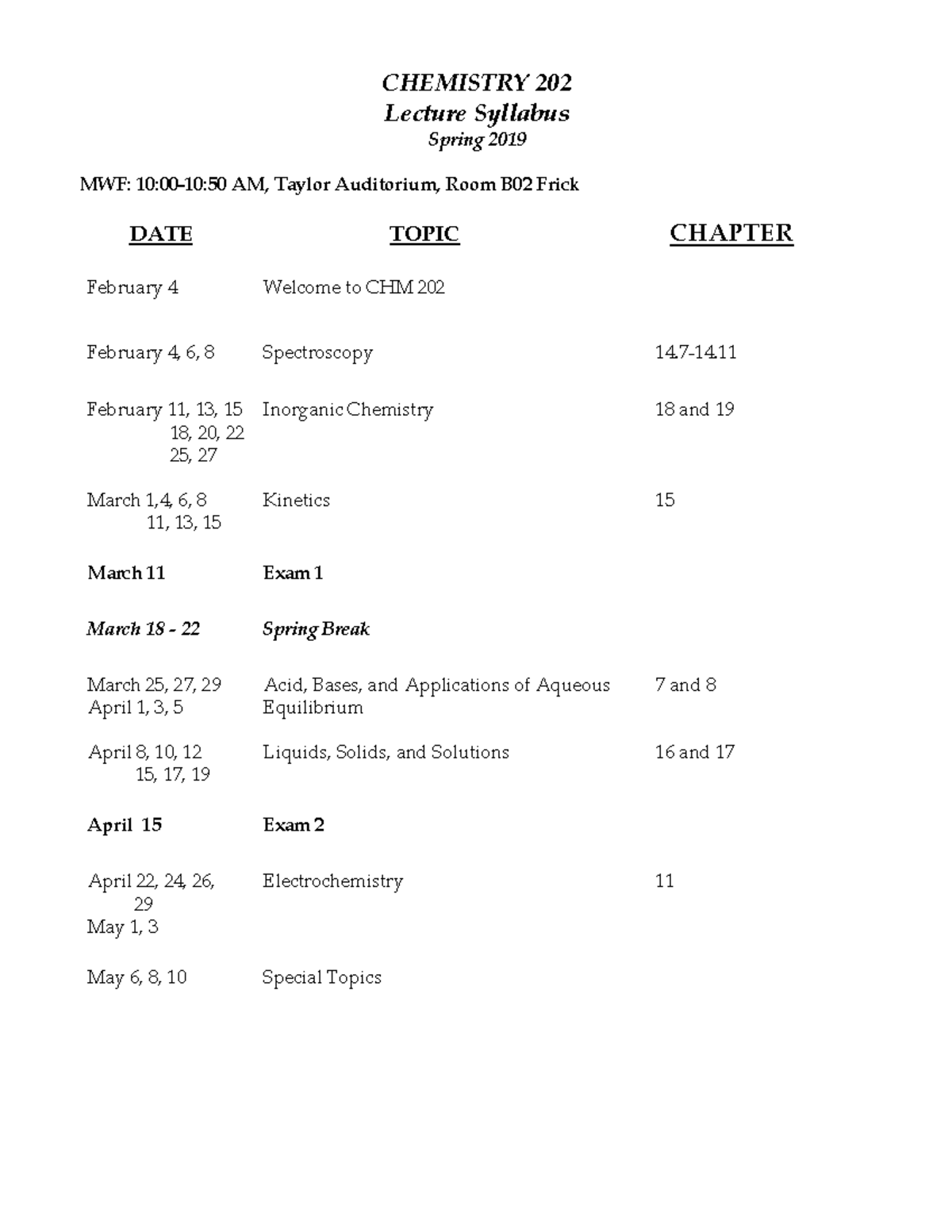CHM202 Lecture Syllabus - Spring 2019 Overview and Schedule - Studocu