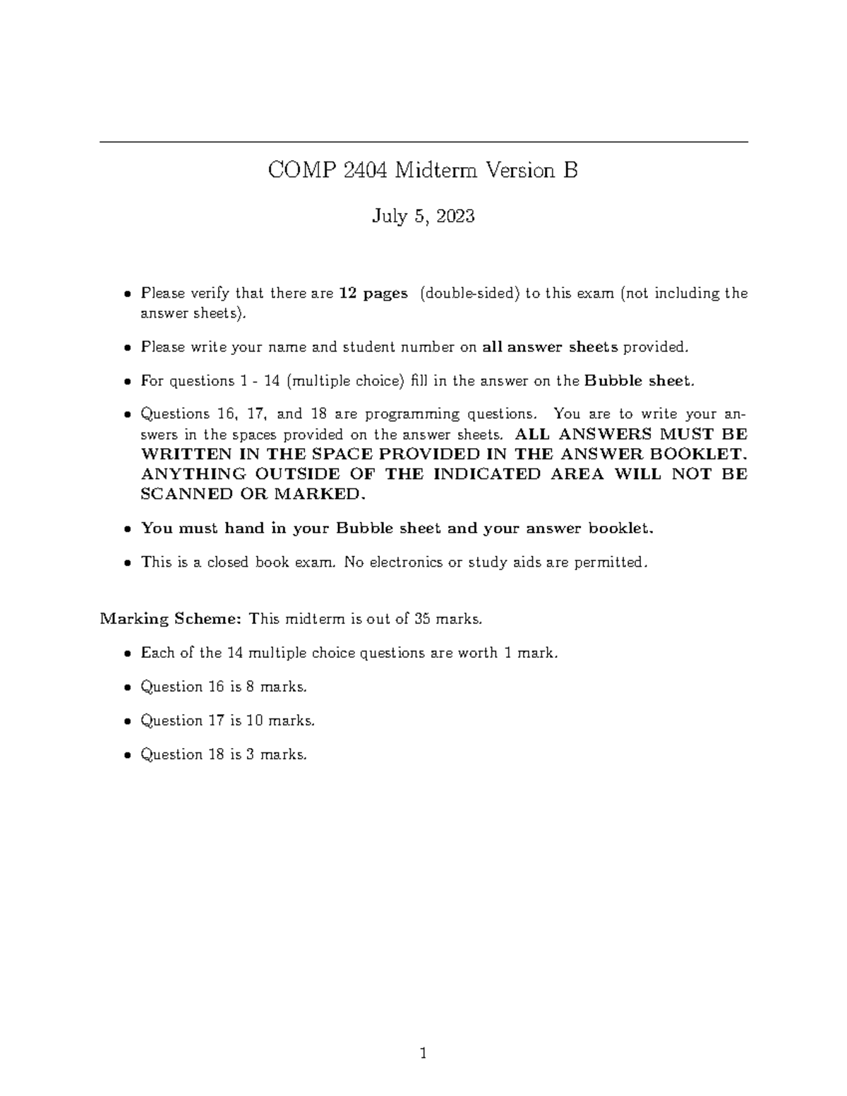 Midterm 2404as23v1 - COMP 2404 Midterm Version B July 5, 2023 Please ...