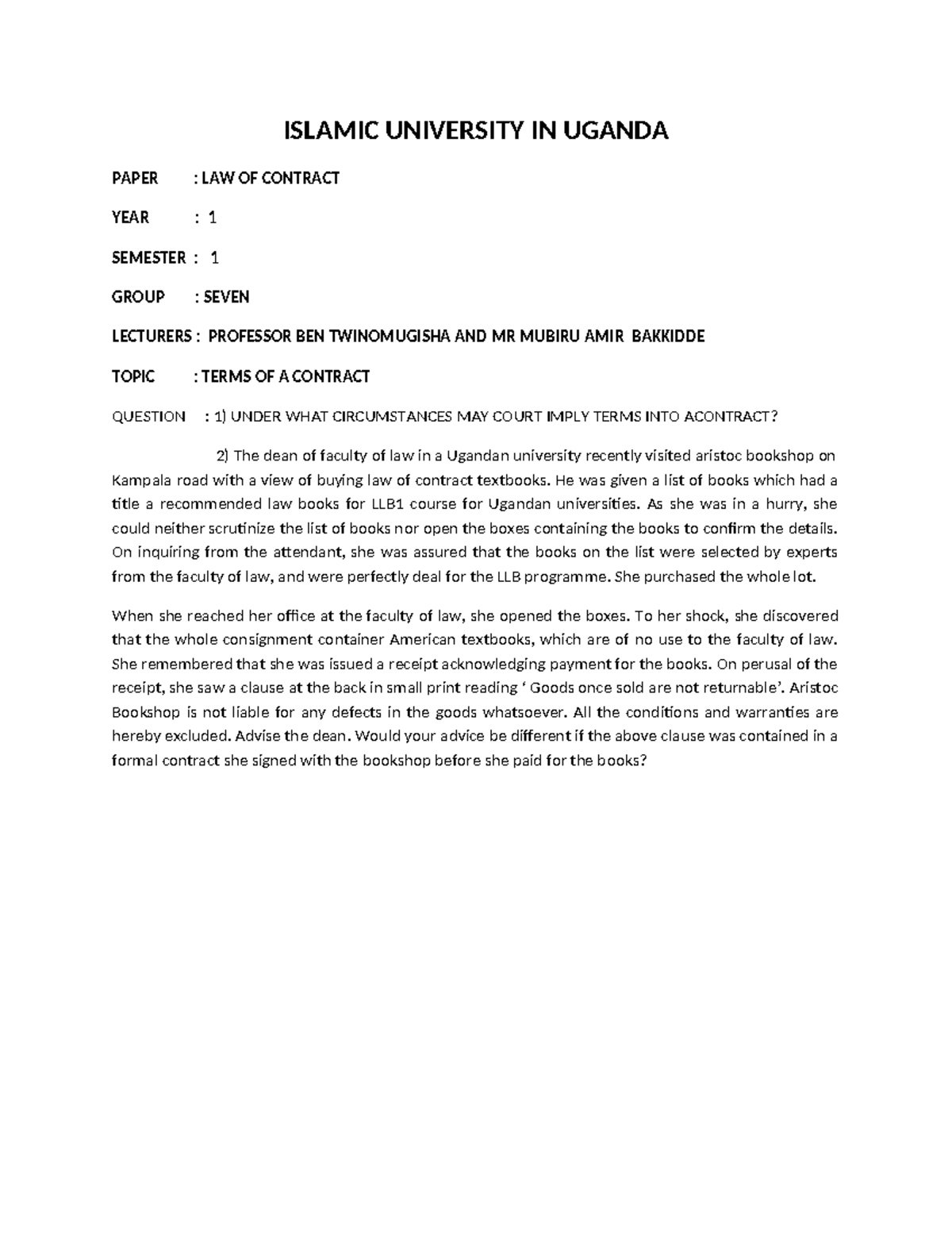 Law of Contract Coursework: Terms of a Contract in Focus (LLB1) - Studocu