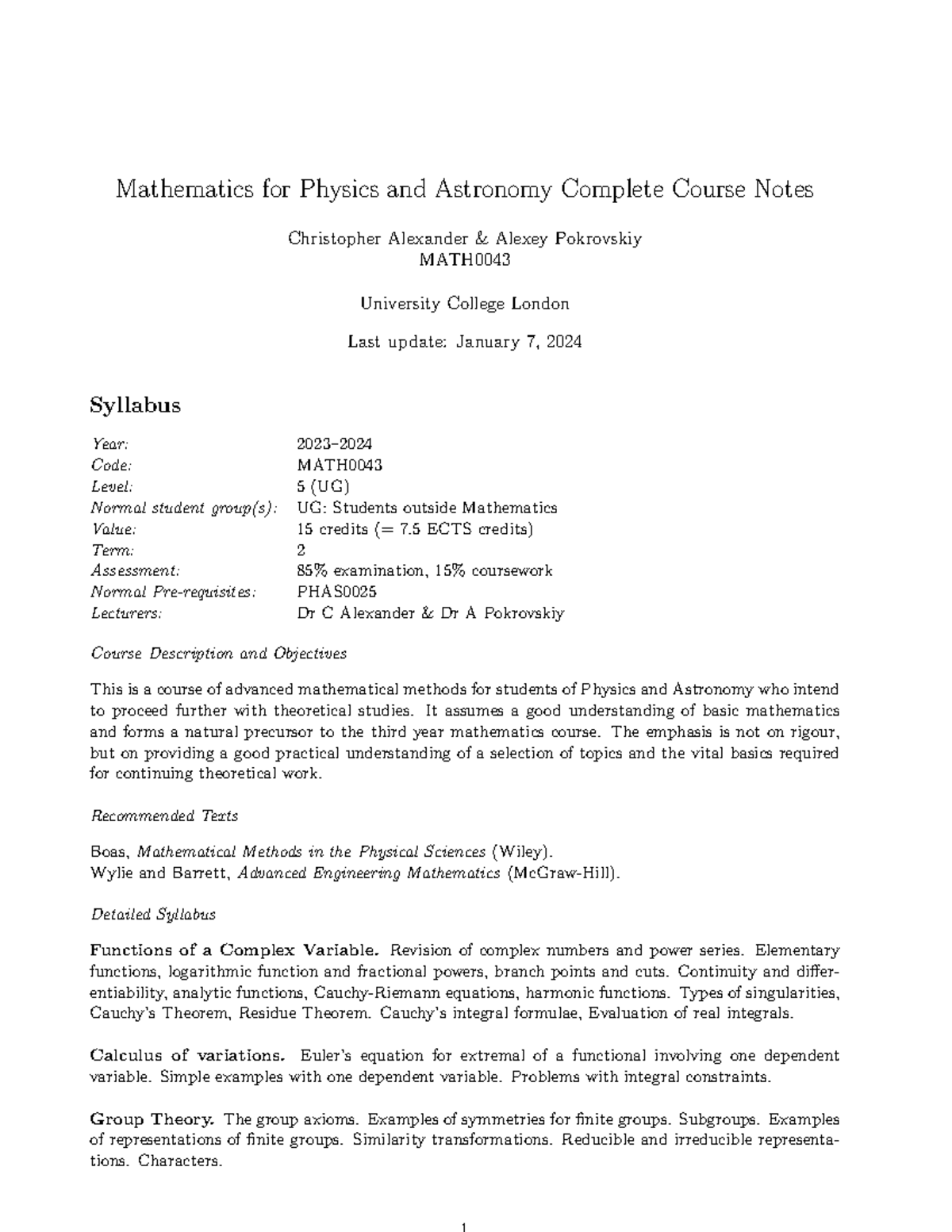 MATH0043: Advanced Mathematics Course Notes for Physics and Astronomy ...