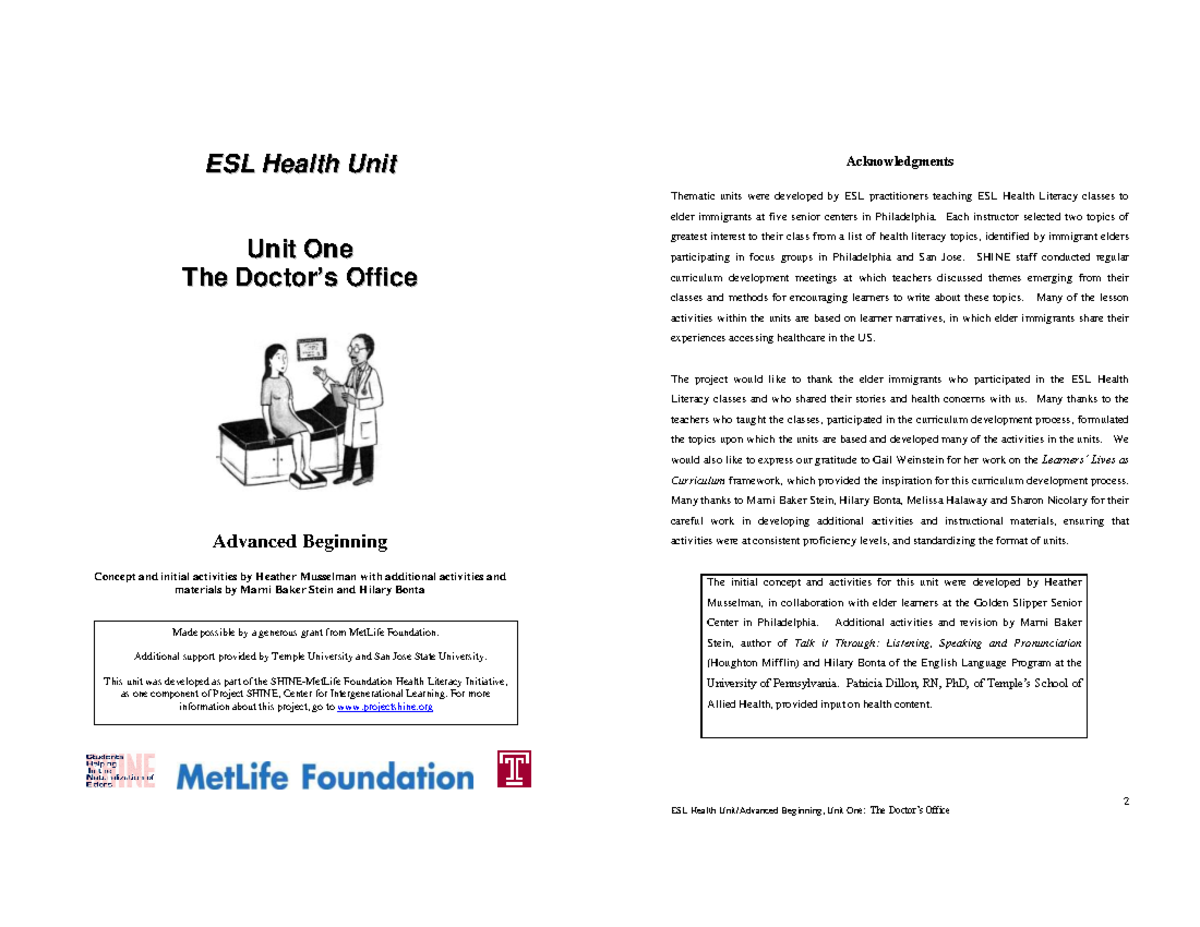 ESL Health Beginning: Unit One - The Office Acknowledgments and ...