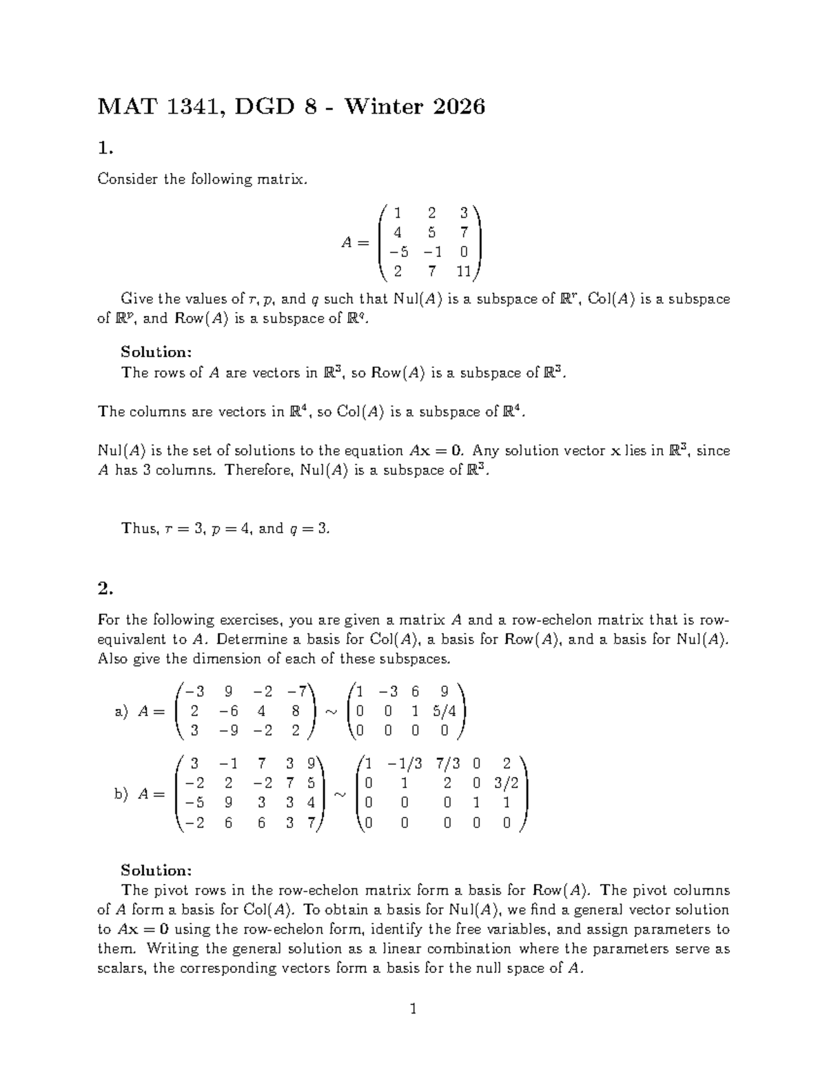MAT 1341 DGD 8 Winter 2026 Solutions for Matrix Subspaces - Studocu