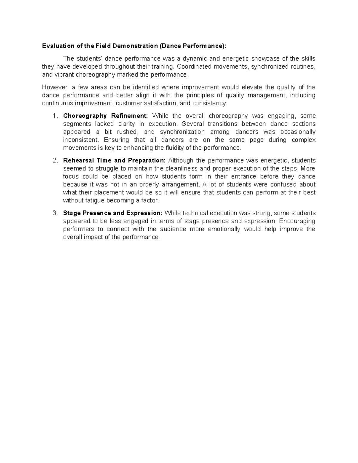 Dance Performance Evaluation - Evaluation of the Field Demonstration ...