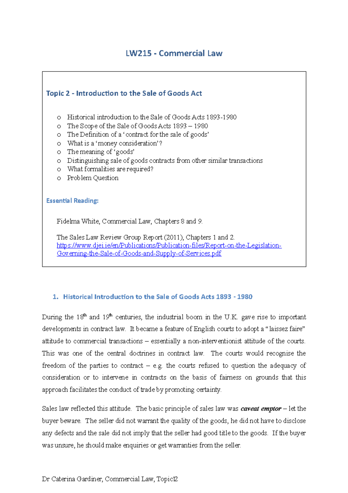 Topic 2 - Sale of Goods Background (1) - LW215 - Commercial Law 1 ...