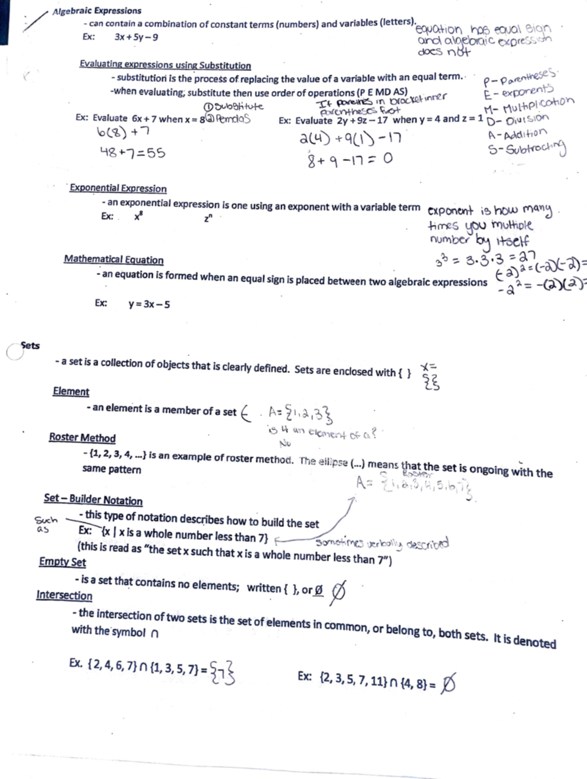 Mat 110 Final Exam Notes on Algebraic Expressions and Sets - Studocu