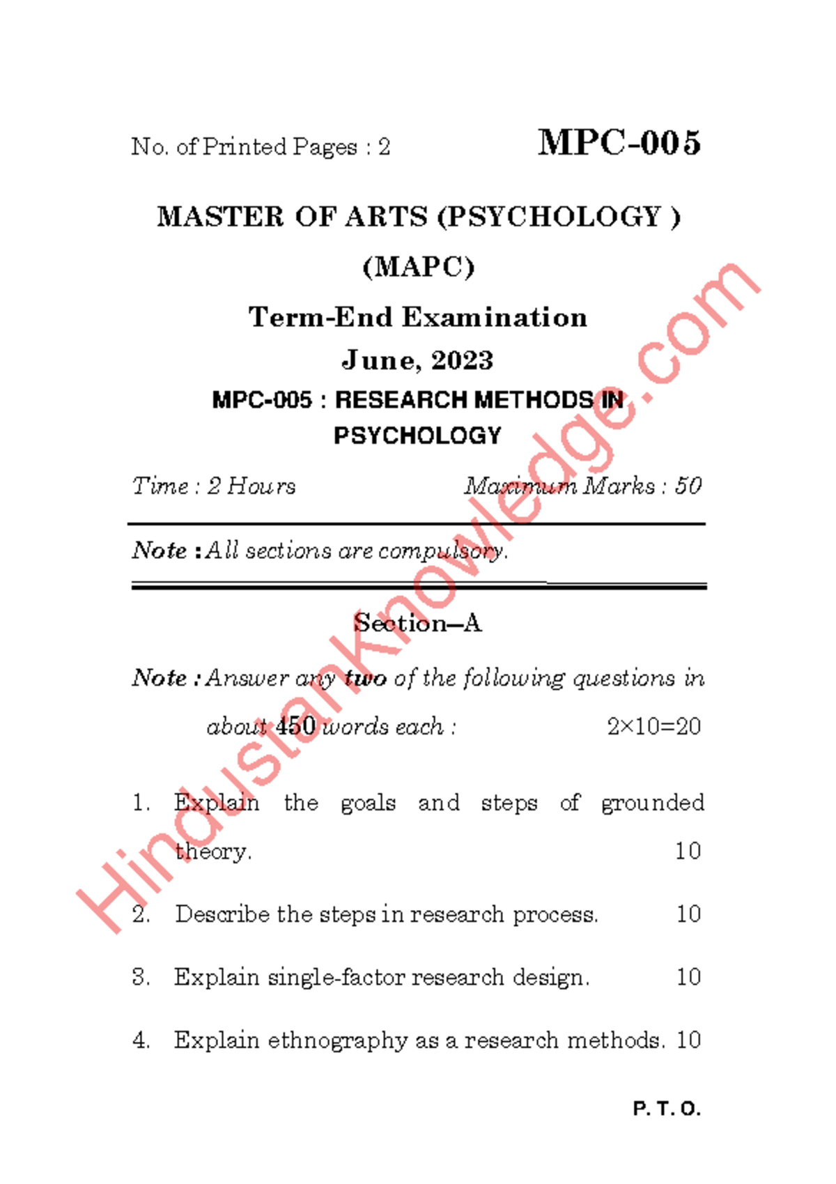 MPC-005 JUNE 2023 - Research Methods in Psychology Exam Guide - Studocu